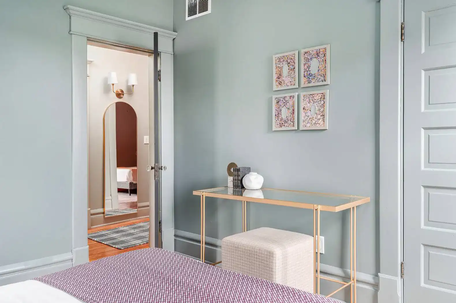 Second Floor | Bedroom 4 | Queen bed, desk workspace, closet with hangers and luggage rack
