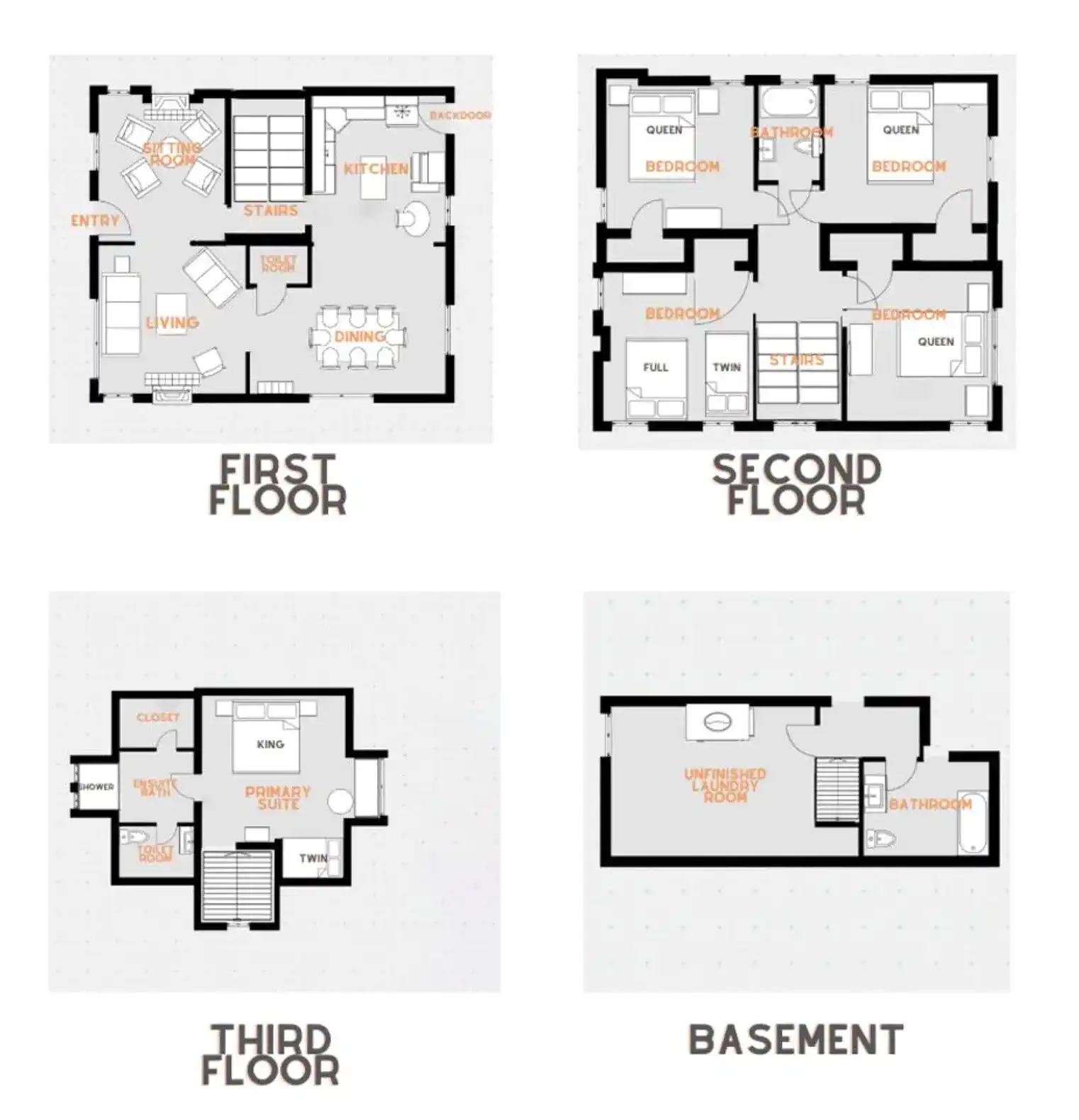 Floor plan layout showing rooms and spaces across four levels