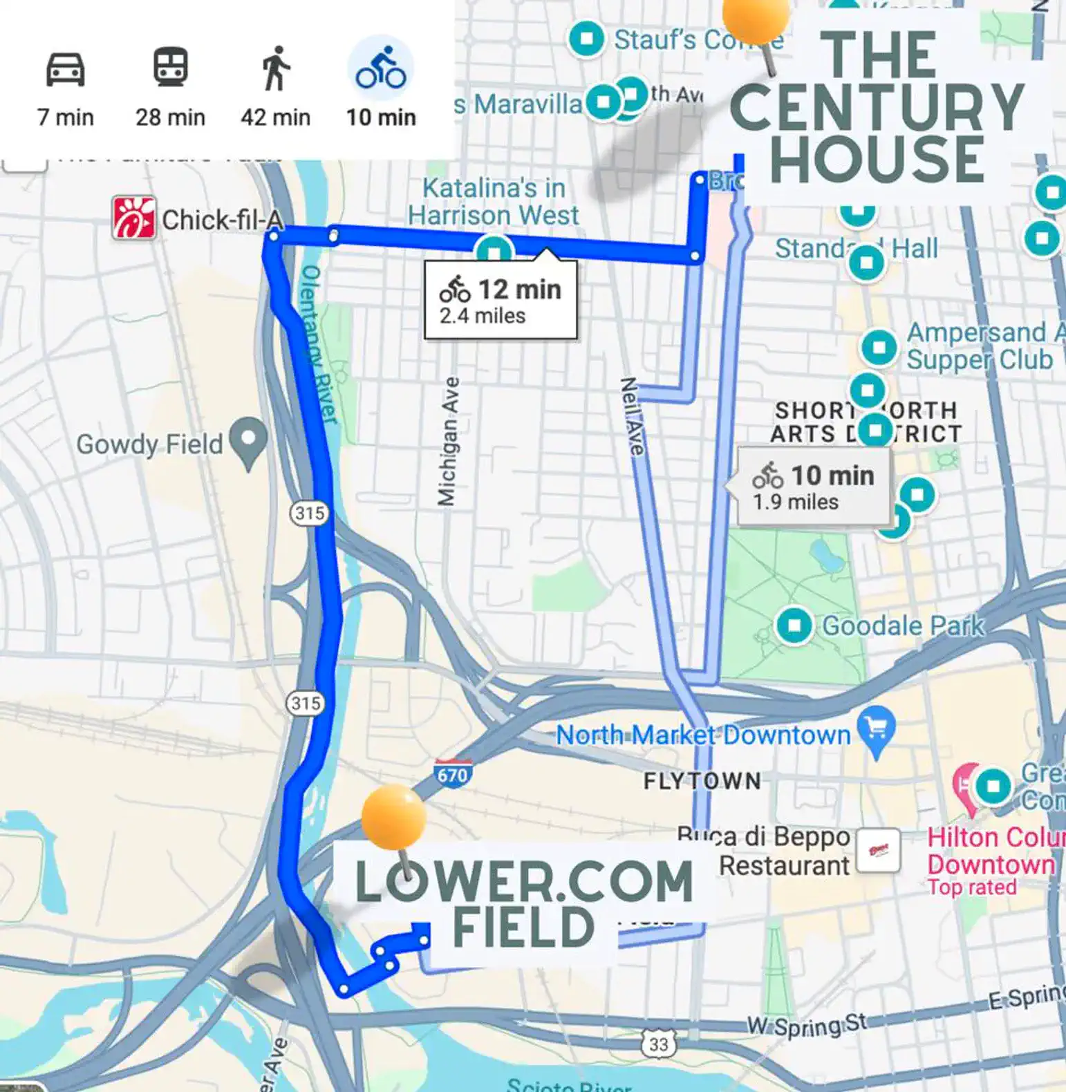 An easy 7 min uber or 10 min scooter/bike to Lower.com Field. There are city bikes one block away. We love taking scooters on the Olentangy Trail which goes directly to the Lower.com parking lot, to completely skip all the foot & car traffic.