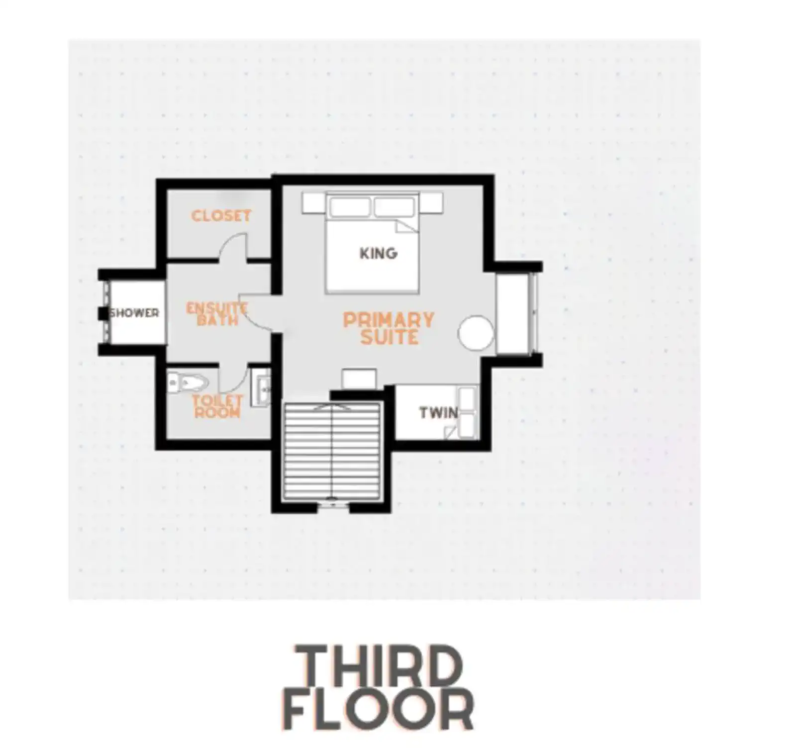 Floor plan of the primary suite featuring a king bed, twin bed, ensuite bath, and closet