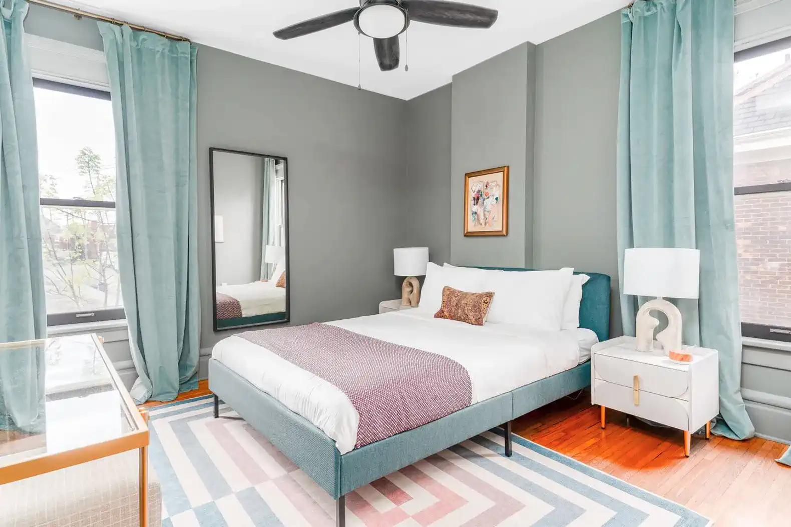 Second Floor | Bedroom 4 | Queen bed, desk workspace, closet with hangers and luggage rack