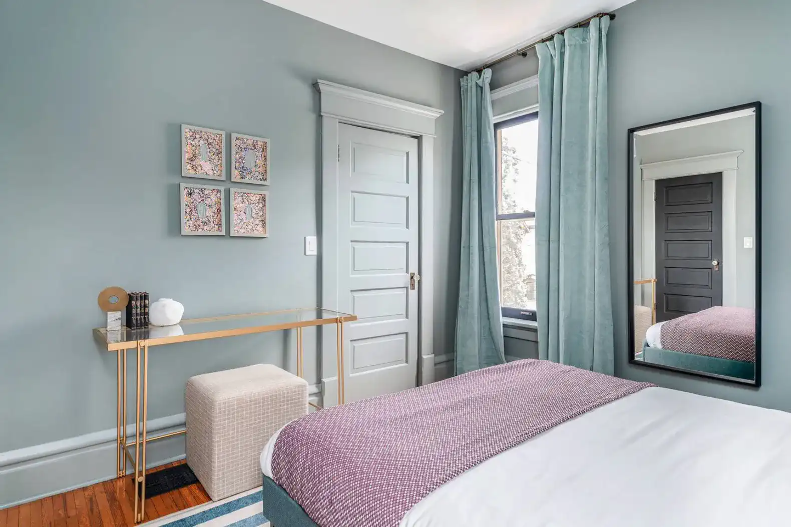 Second Floor | Bedroom 4 | Queen bed, desk workspace, closet with hangers and luggage rack