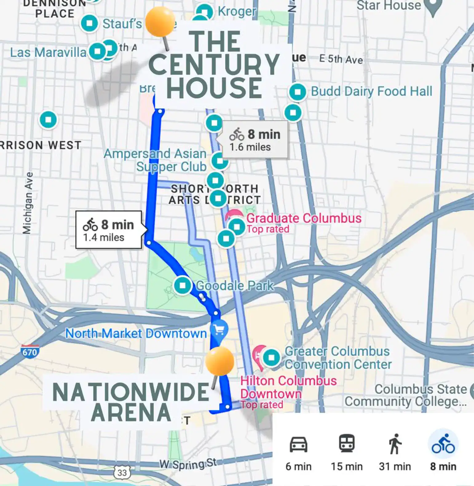 An easy 30 min walk, 6 min uber or 8 min scooter/bike to the Arena District. There are city bikes for rent one block away. We love taking scooters or bikes to completely skip all the arena car traffic.