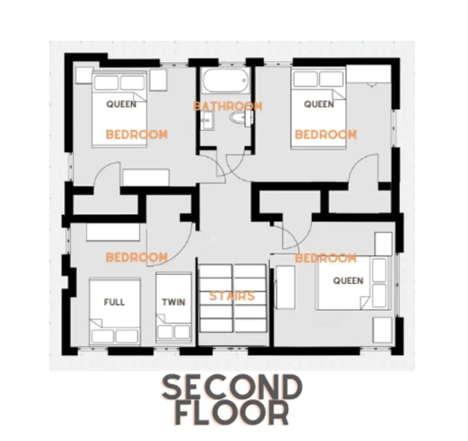 Floor plan of the second floor showing bedrooms and a bathroom layout