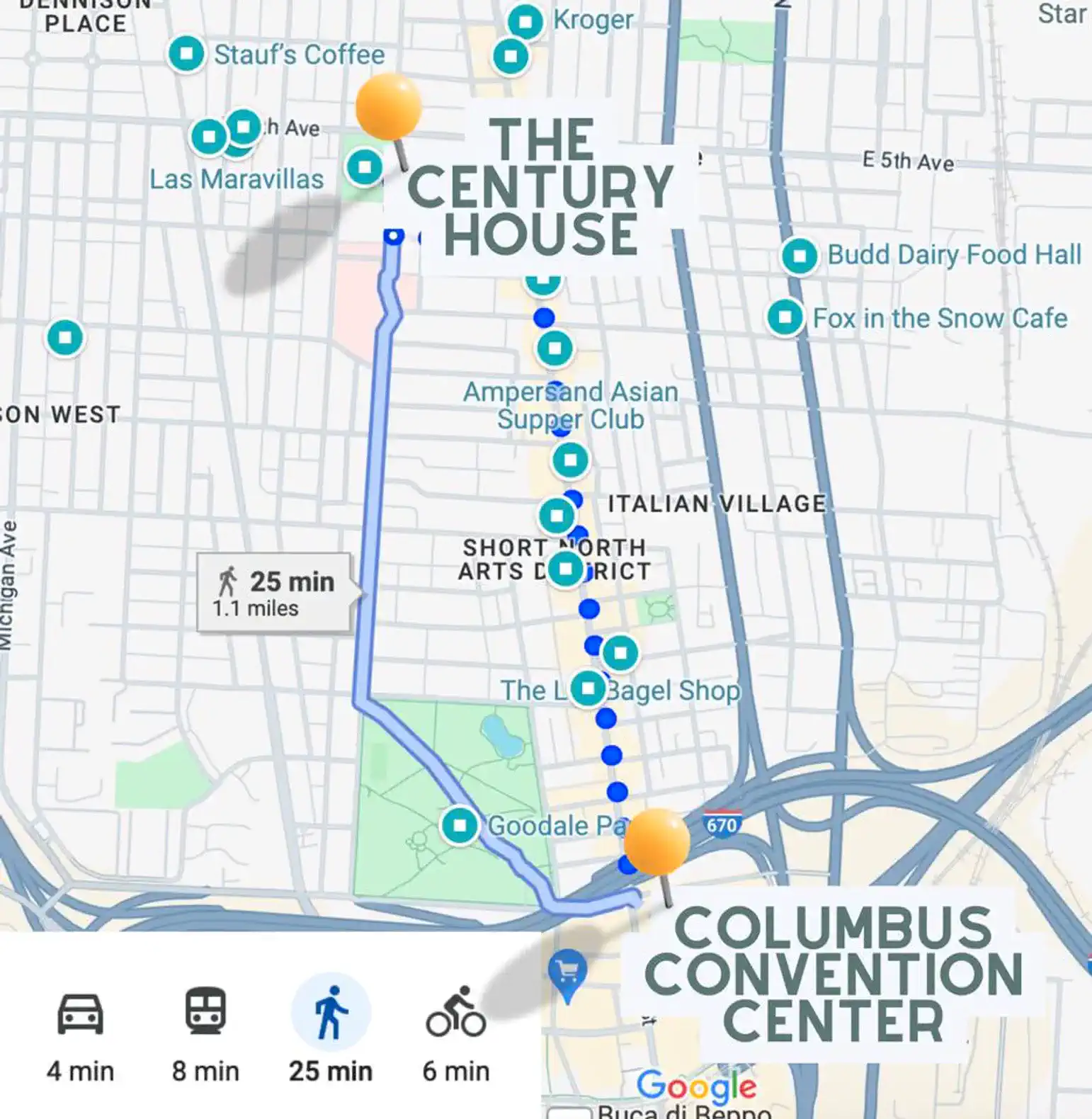 An easy 25 min walk (with coffee shops on the way!), 4 min uber or 6 min scooter/bike to the Greater Convention Center. There are city bikes for rent one block away.