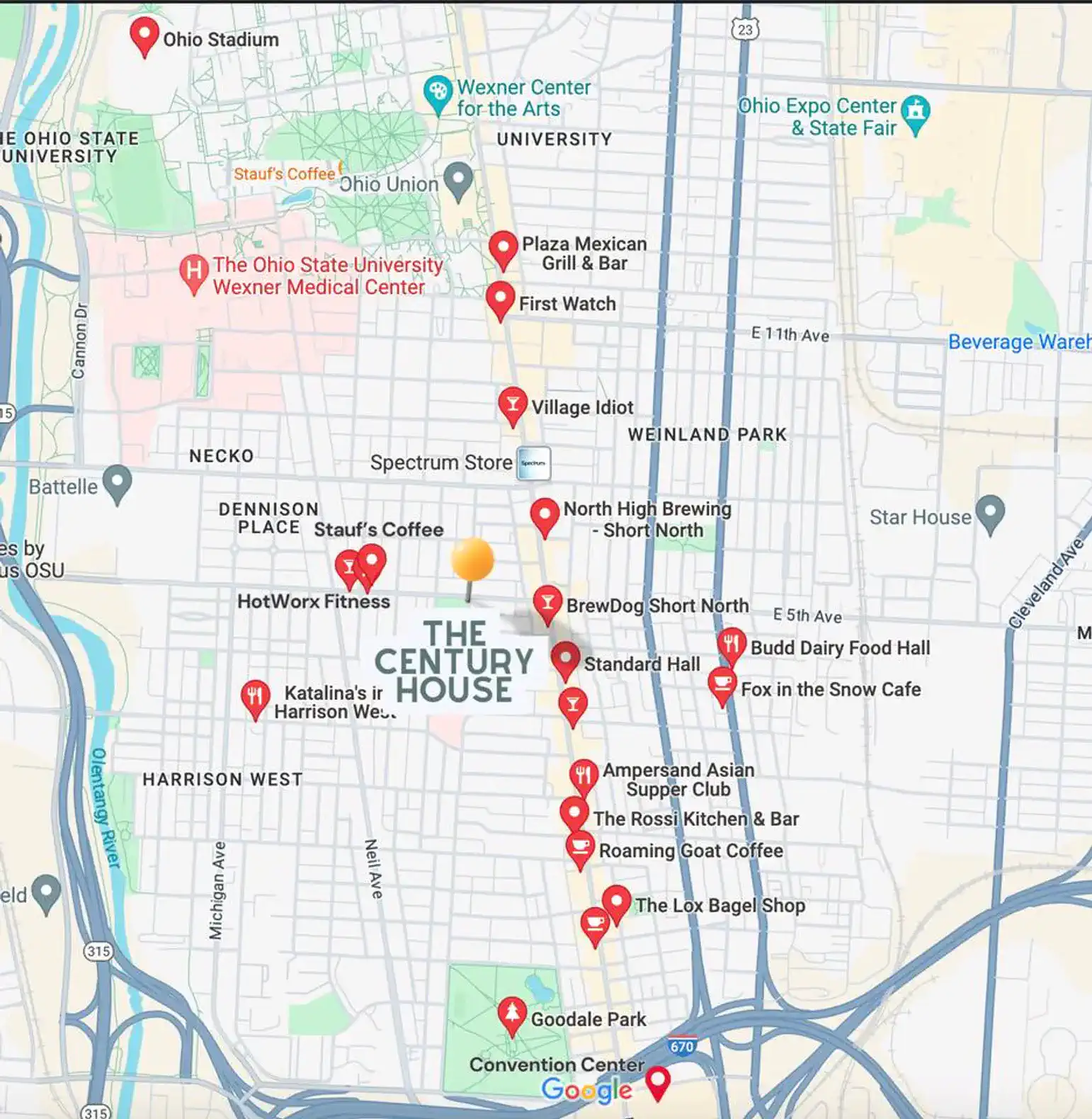 Ohio State University campus (.7 mi / 15 min walk)
North Market (1 mi / 5 min drive / 22 min walk)
Greater Columbus Convention Center (1.5 mi / 7 min drive/uber, 30 min walk)
Nationwide Arena Stadium (1.5 mi / 7 min drive/uber, 30 min walk)
