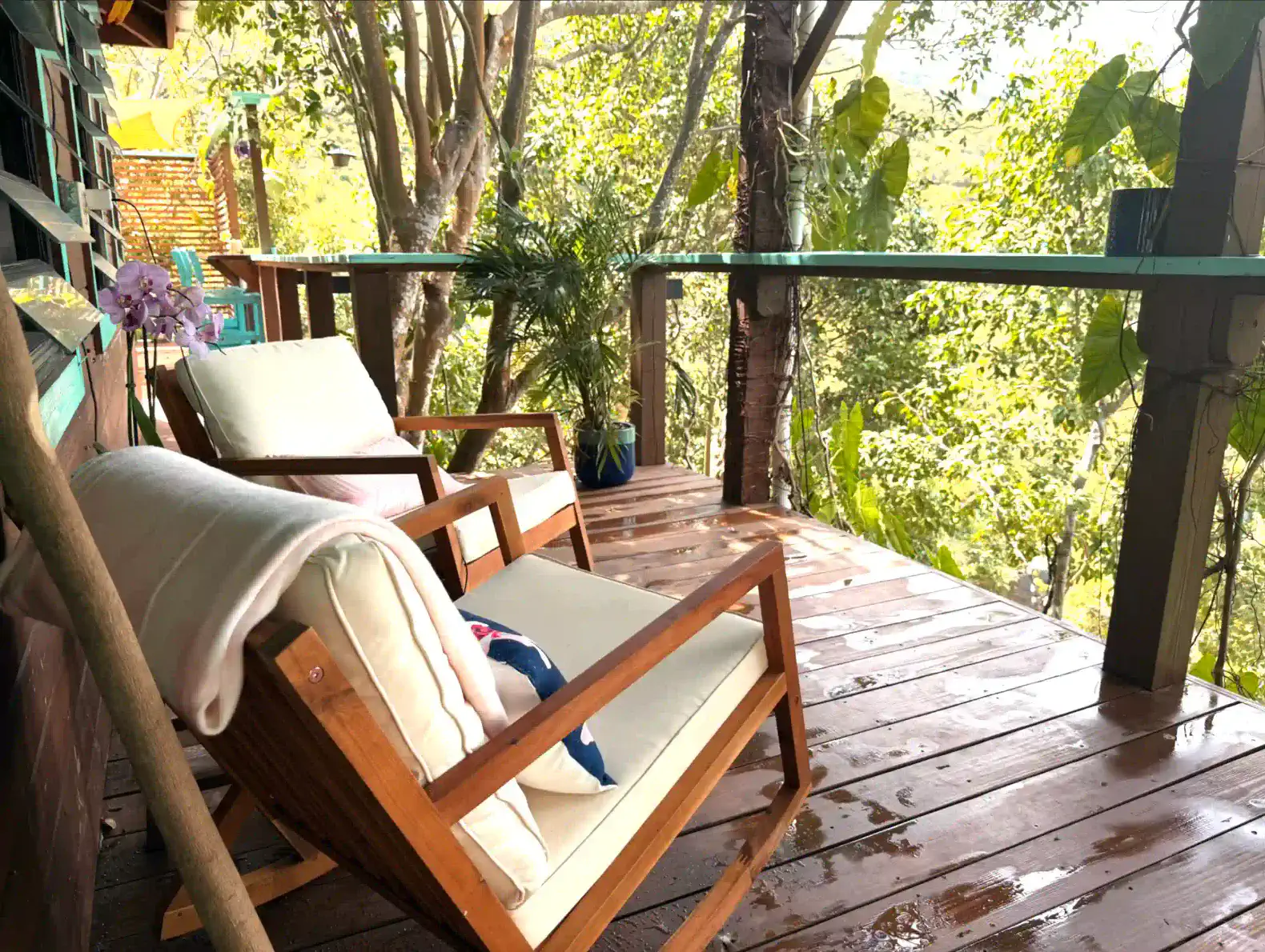 Cozy wooden deck with two chairs surrounded by lush greenery