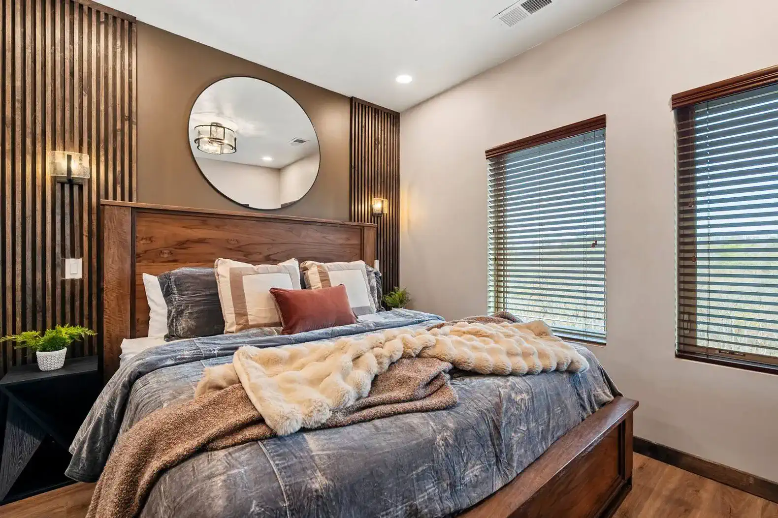 Cozy master bedroom with plush bedding and stylish decor