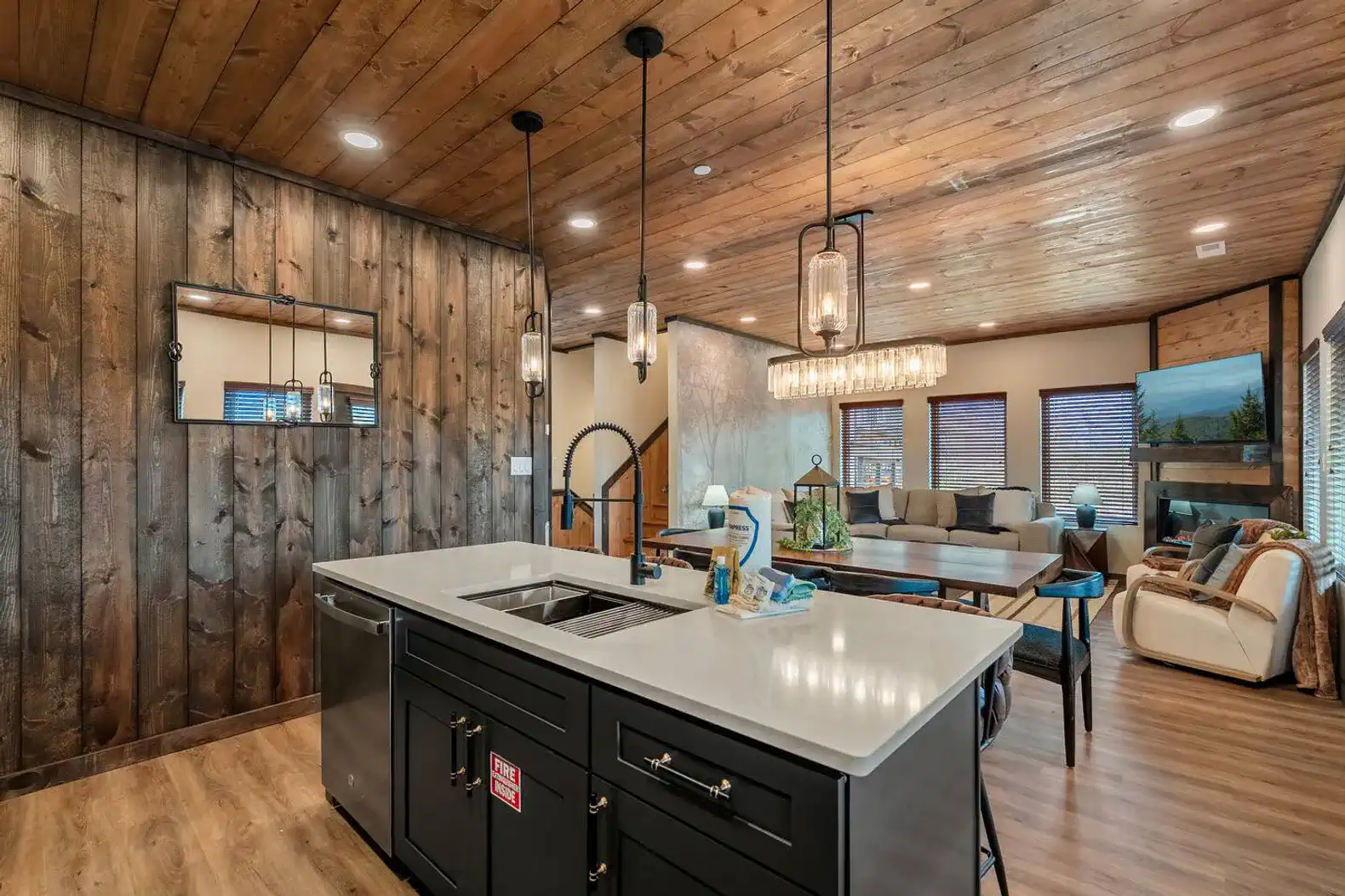 Modern kitchen with island and open layout to living area