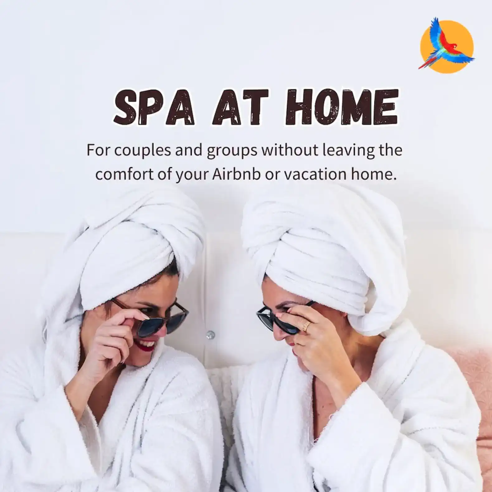 Two women in bathrobes and towels enjoying a spa experience at home