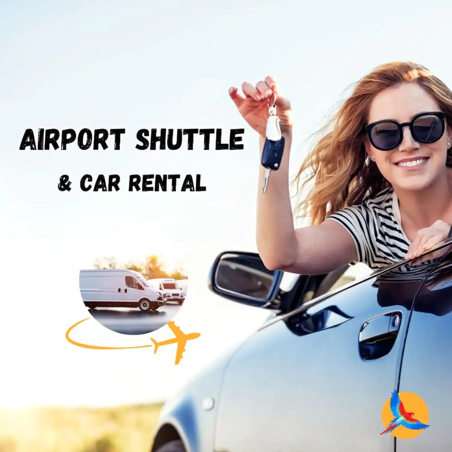 Woman holding car keys while sitting in a car with an airport shuttle graphic