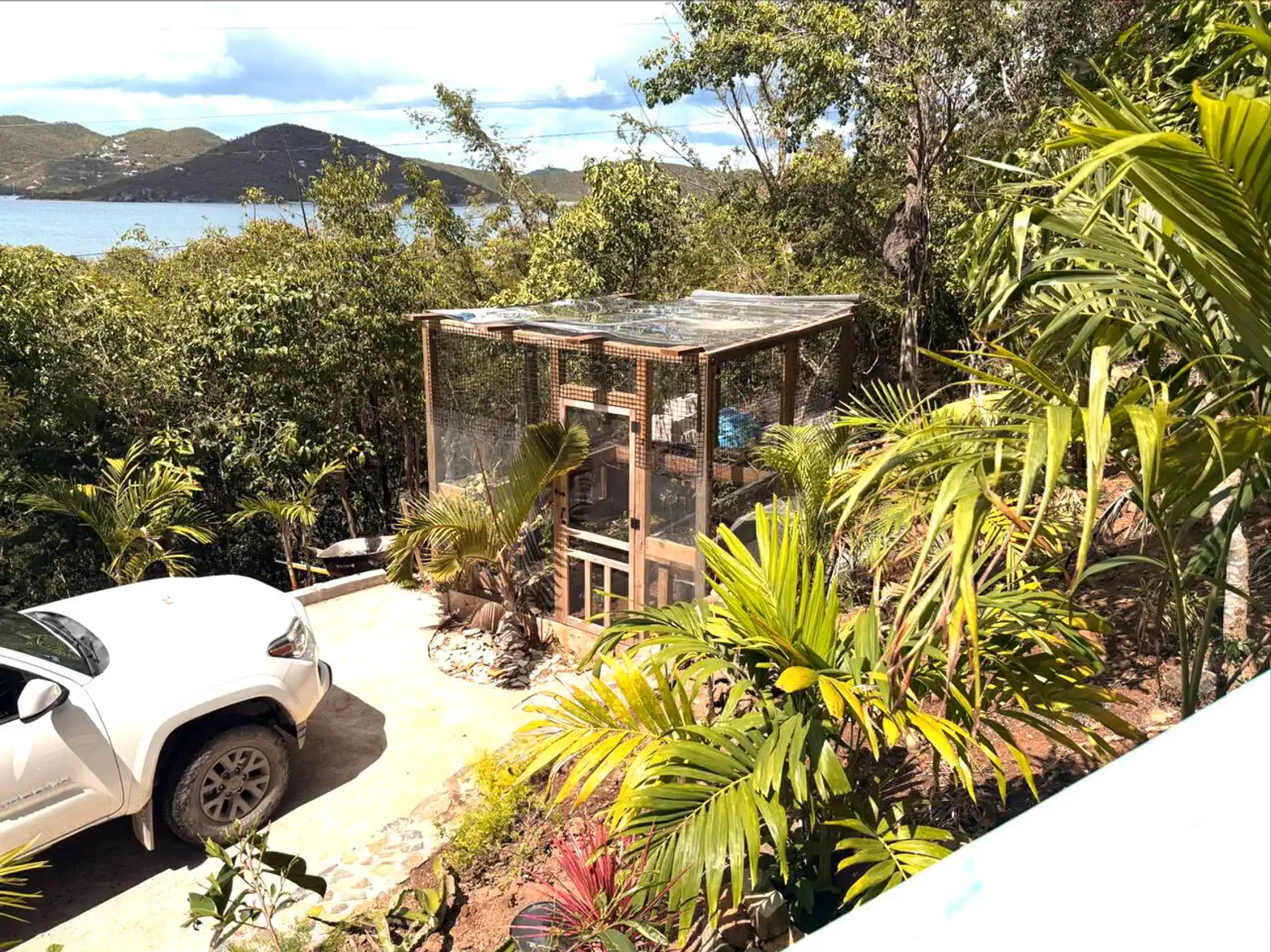 Outdoor view of a small structure surrounded by lush greenery and a vehicle parked nearby