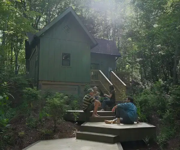 Cozy outdoor seating area surrounded by trees near the green cabin