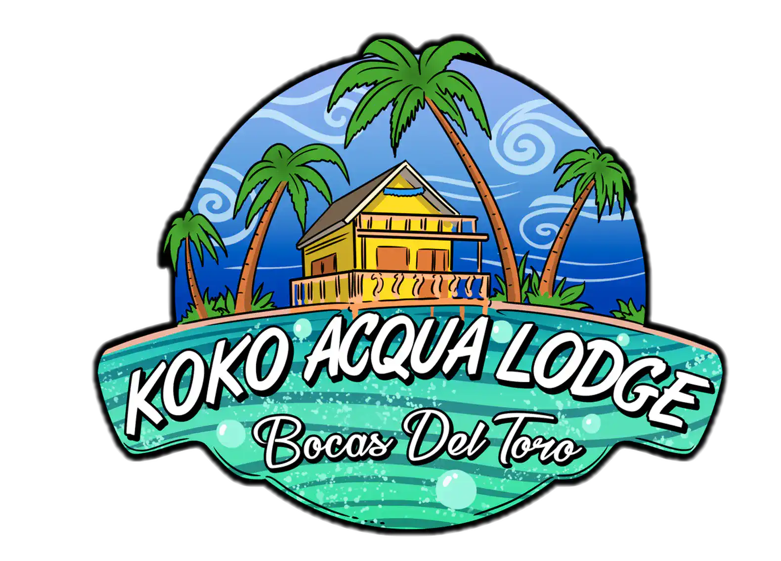 Colorful logo featuring a tropical lodge surrounded by palm trees and ocean waves