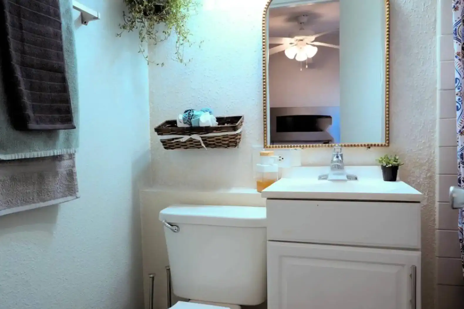 Bright bathroom with a modern sink, mirror, and decorative plants