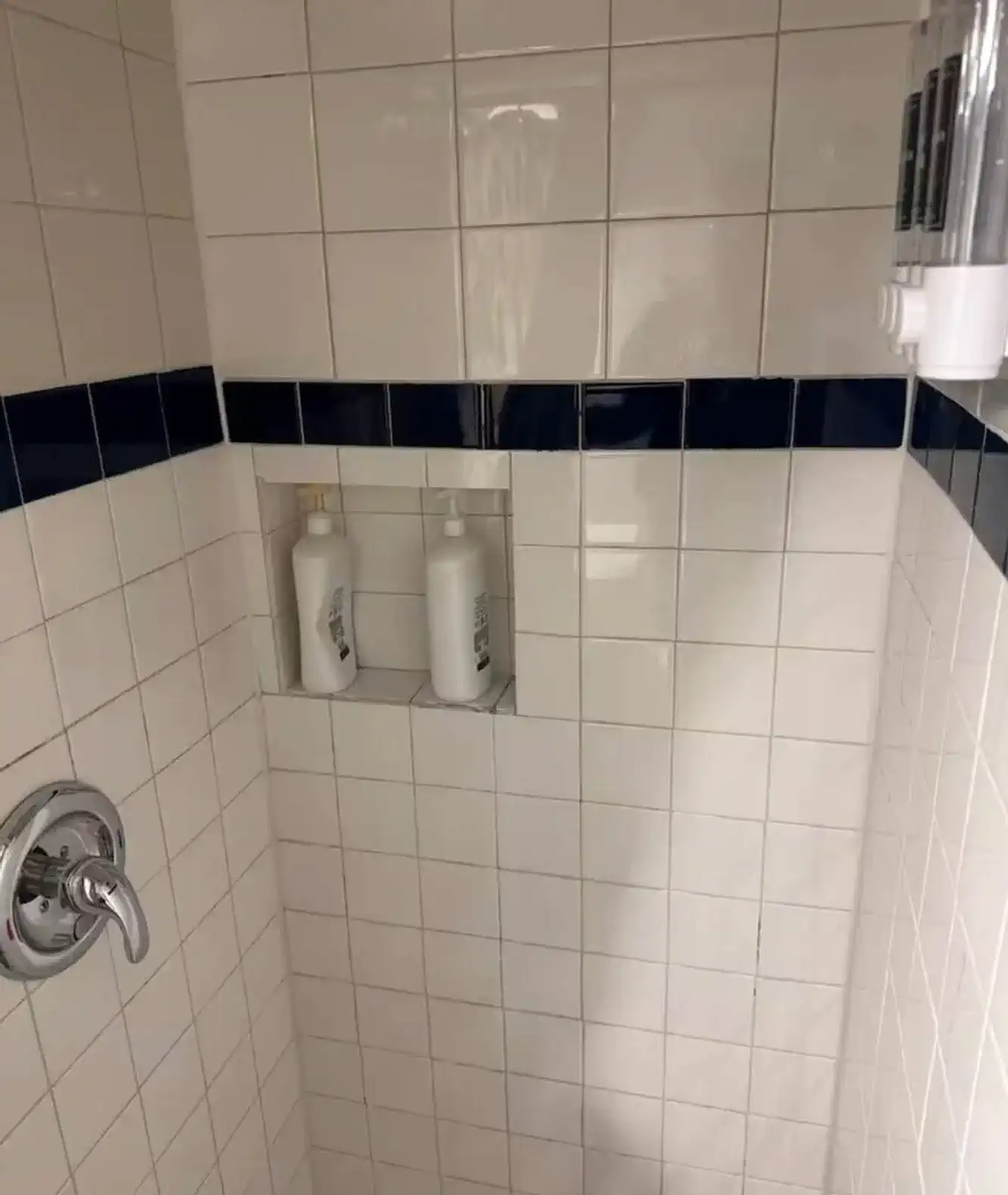 Tiled shower with built-in shelves for toiletries