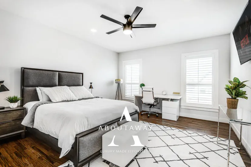 Upstairs queen bedroom with a desk for WFH vibe