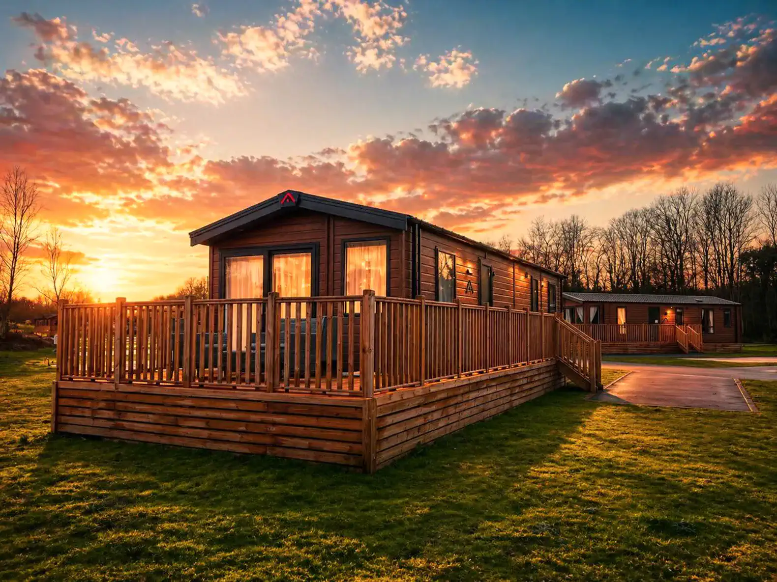 Wooden cabin with a deck at sunset surrounded by greenery