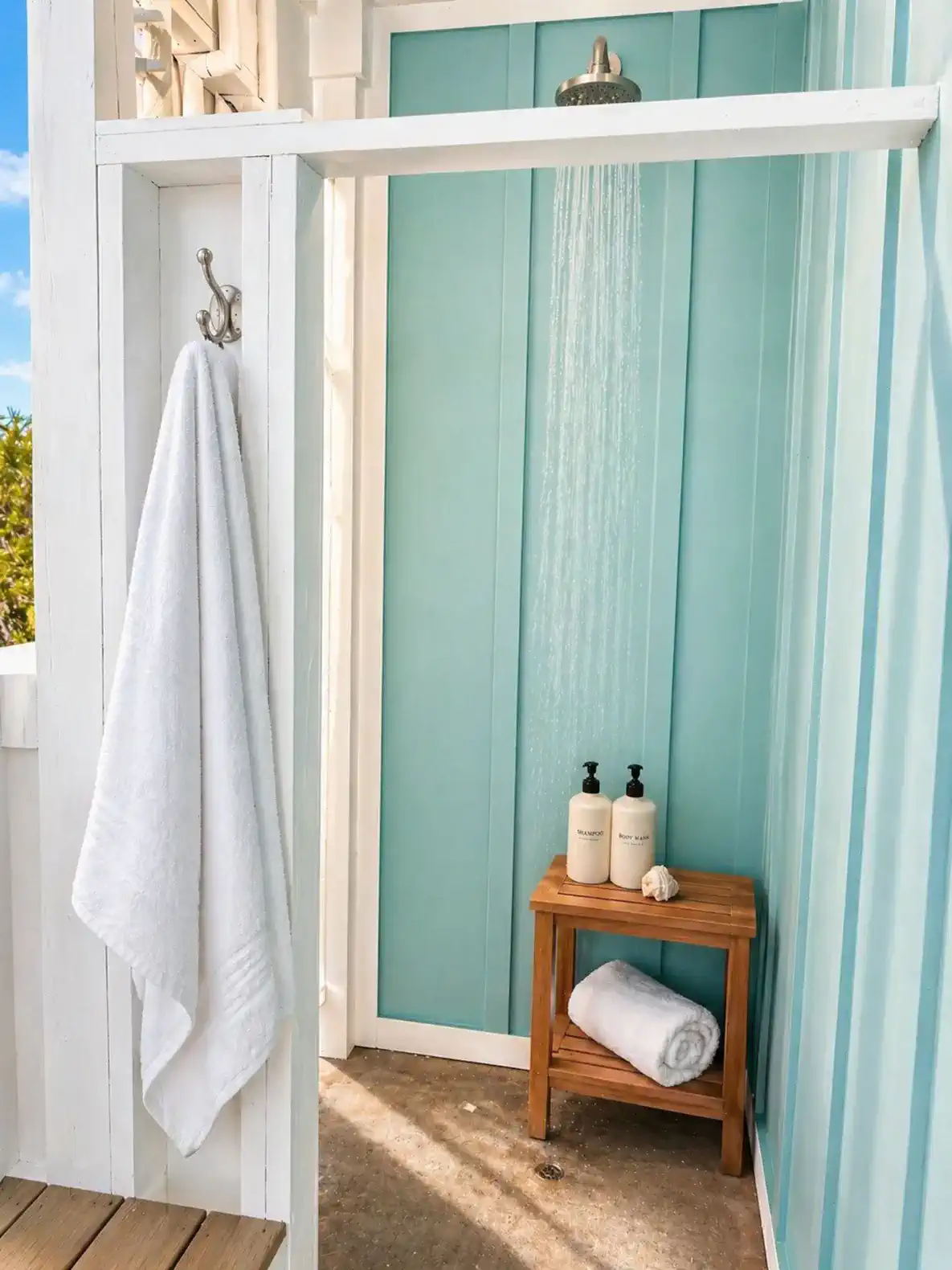 Outdoor shower with turquoise walls and wooden shelf for toiletries