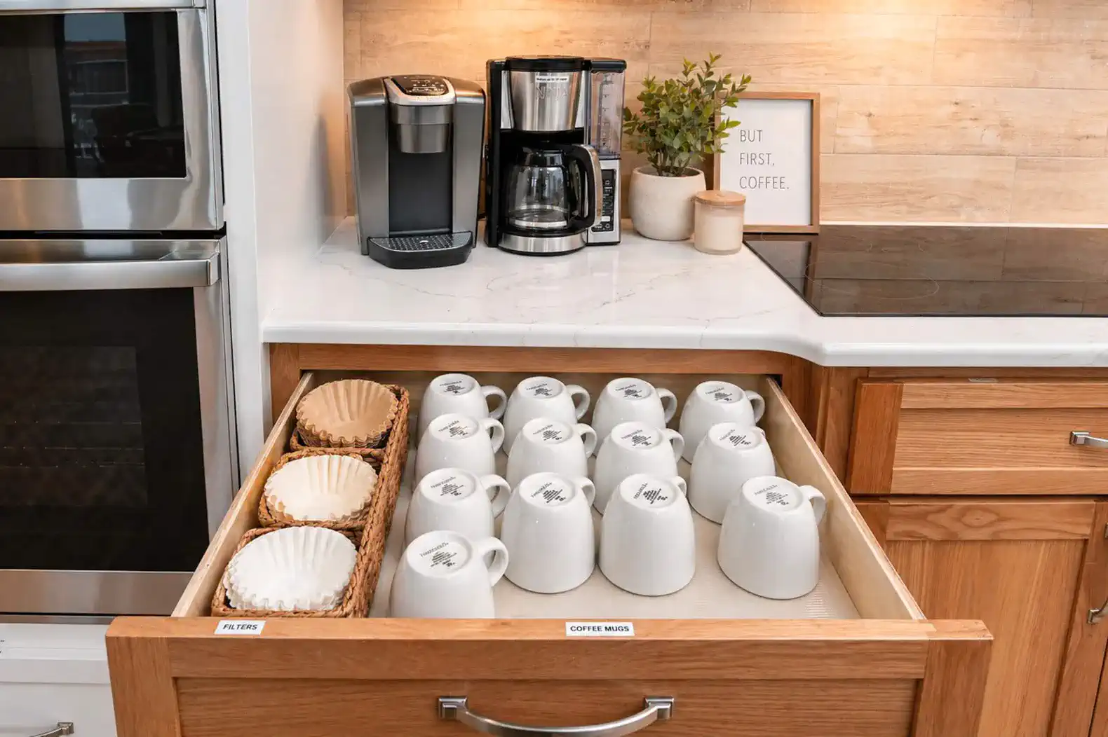 A Keurig and Pour Over Coffee Makers are available.  Plenty of drinking and wine glasses.  We have plastic cups for the pool as well.
