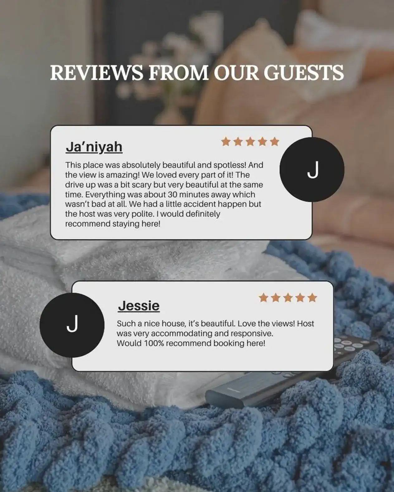 Guest reviews highlighting beautiful views and cleanliness of the cabin