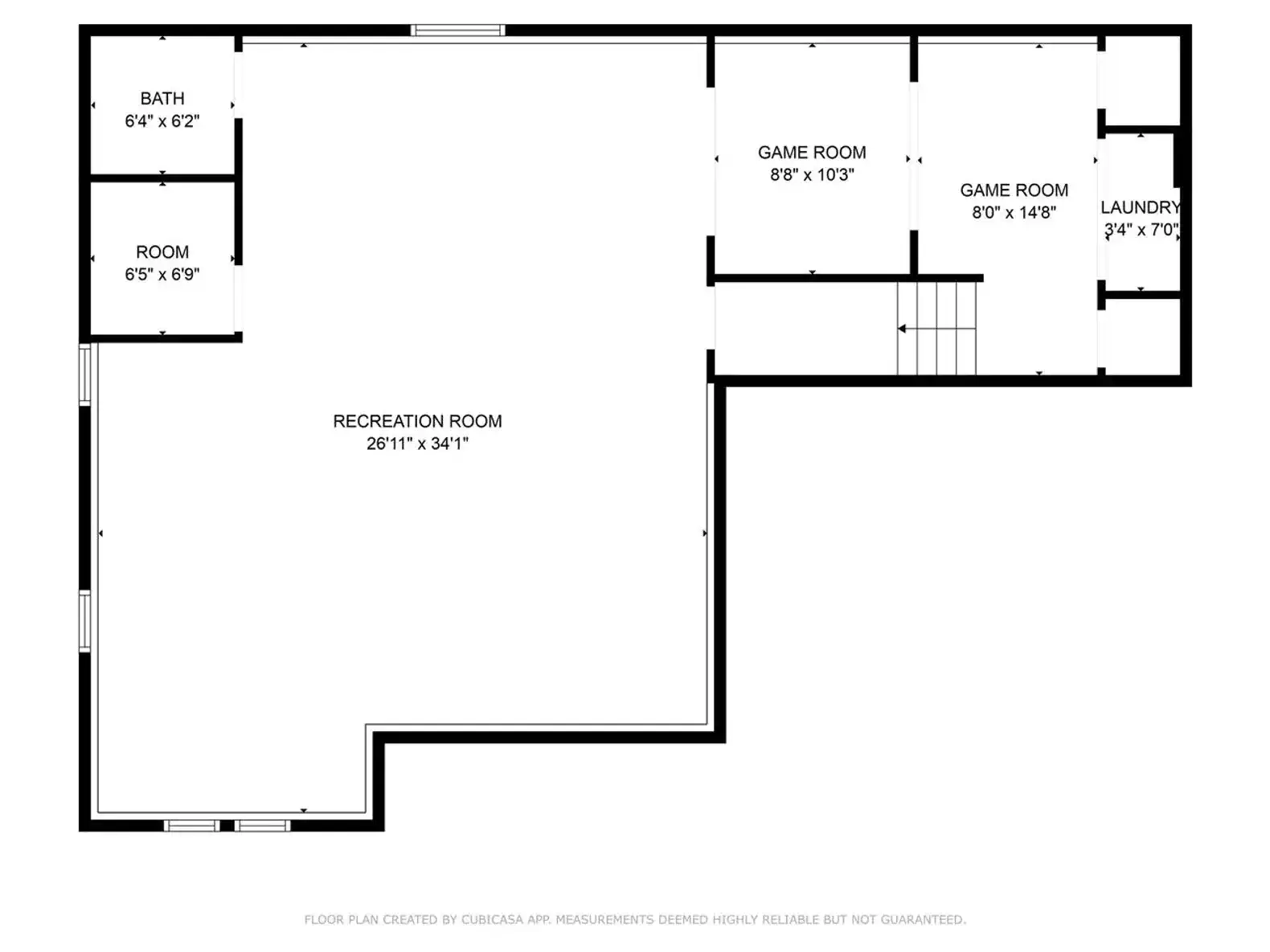 Floor plan layout showing rooms including game rooms, recreation room, bath, and laundry