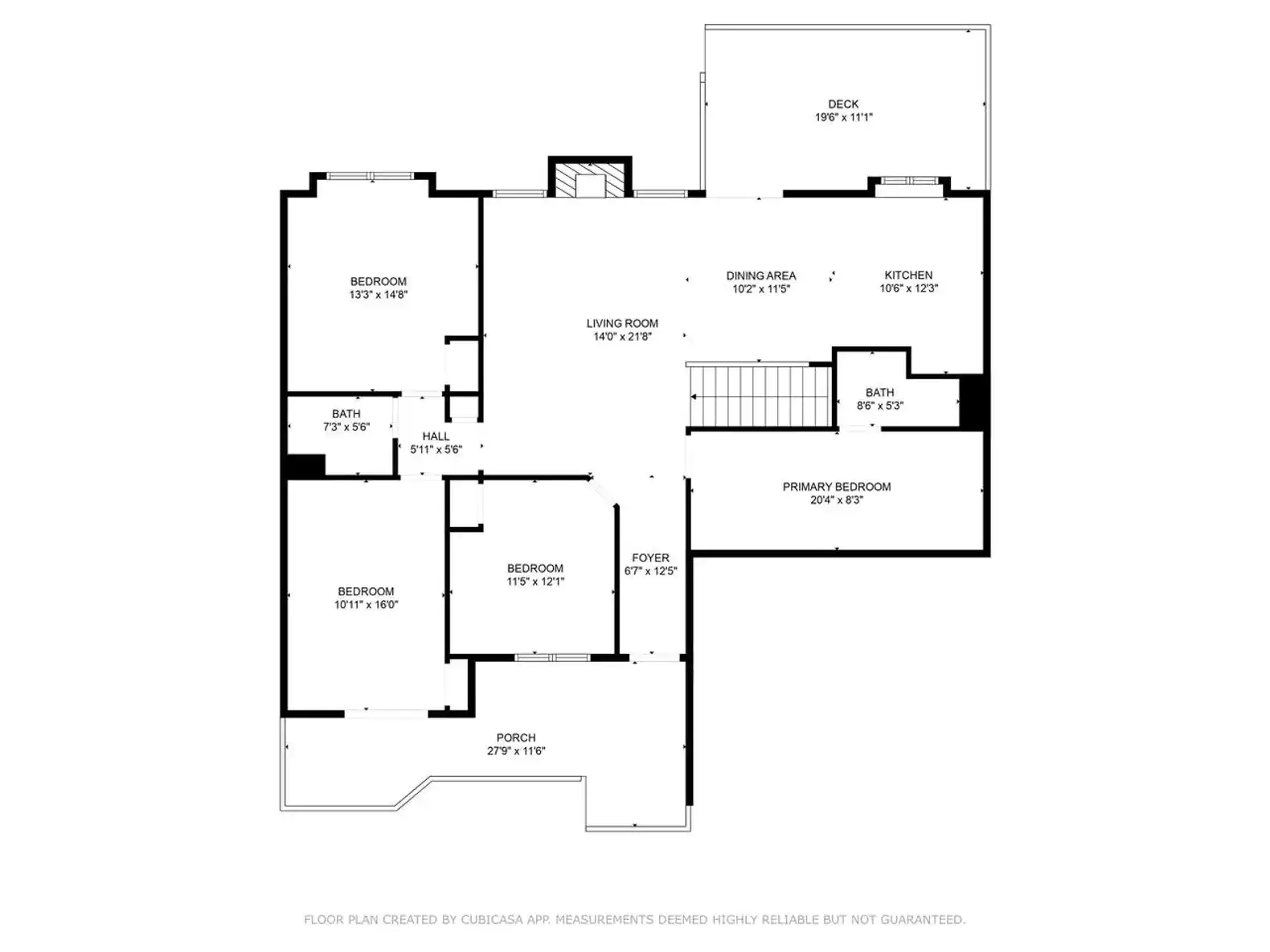 Detailed floor plan showing layout of rooms including bedrooms, living room, kitchen, and outdoor deck