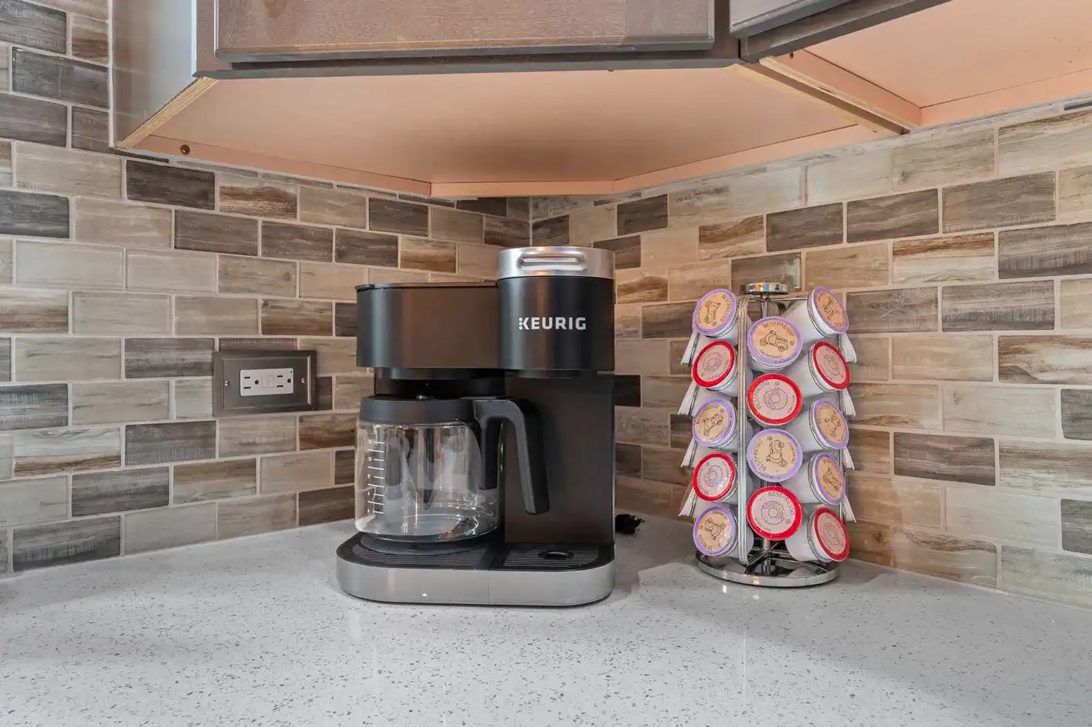 Your choice of drip coffee or k-cups . We provide the K-cups, drip coffee, coffee filters, sugar, creamer (french vanilla)