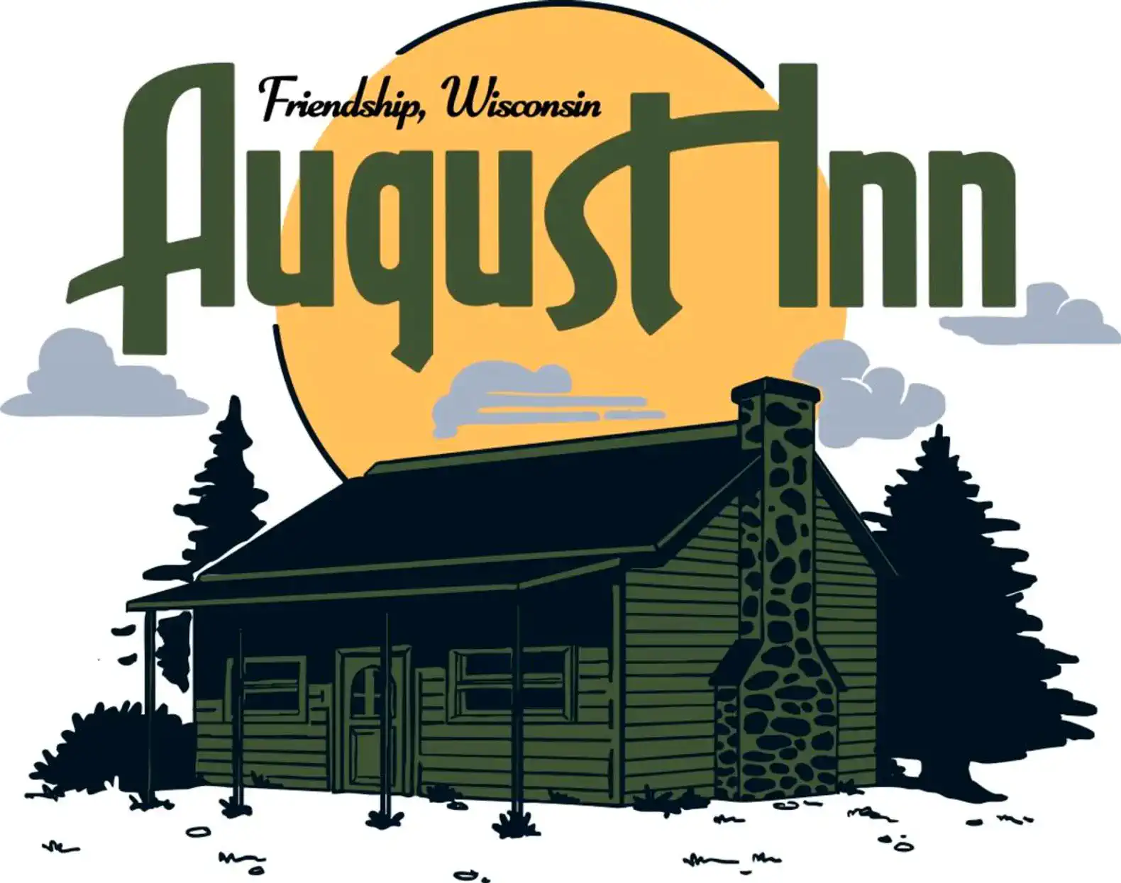 Logo of August Inn featuring a cabin silhouette and a large moon