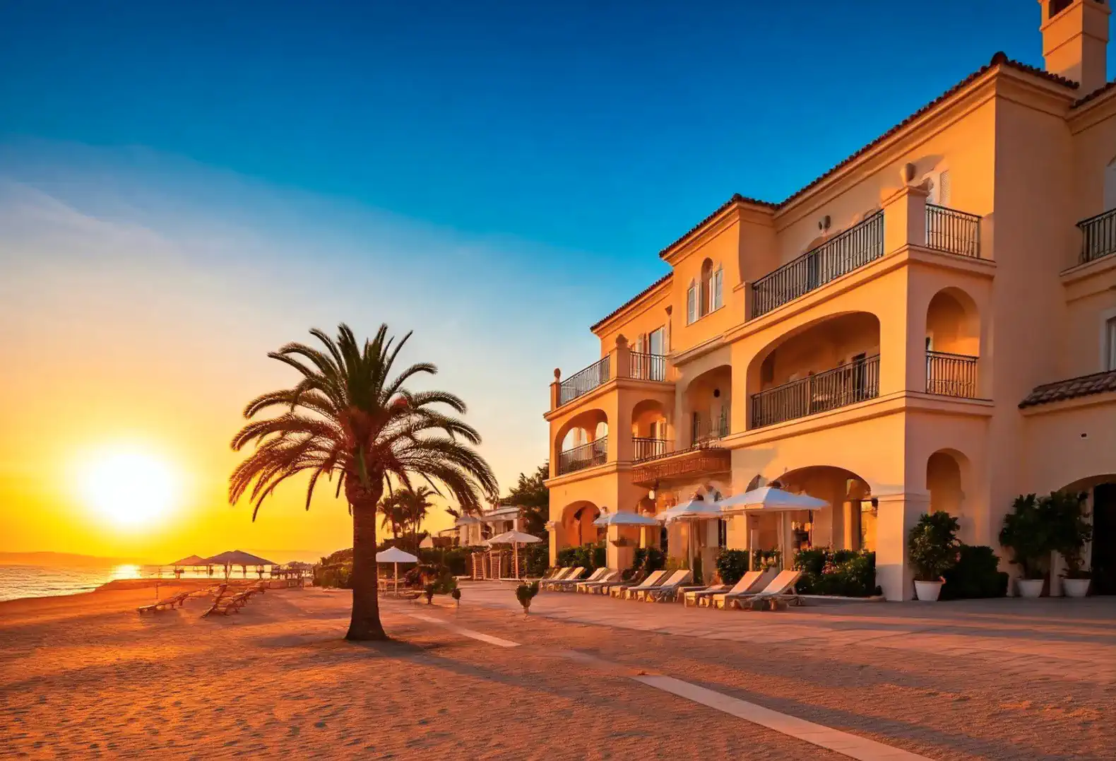 Luxurious beachfront villa with palm trees, sun loungers, and stunning sunset views over the ocean