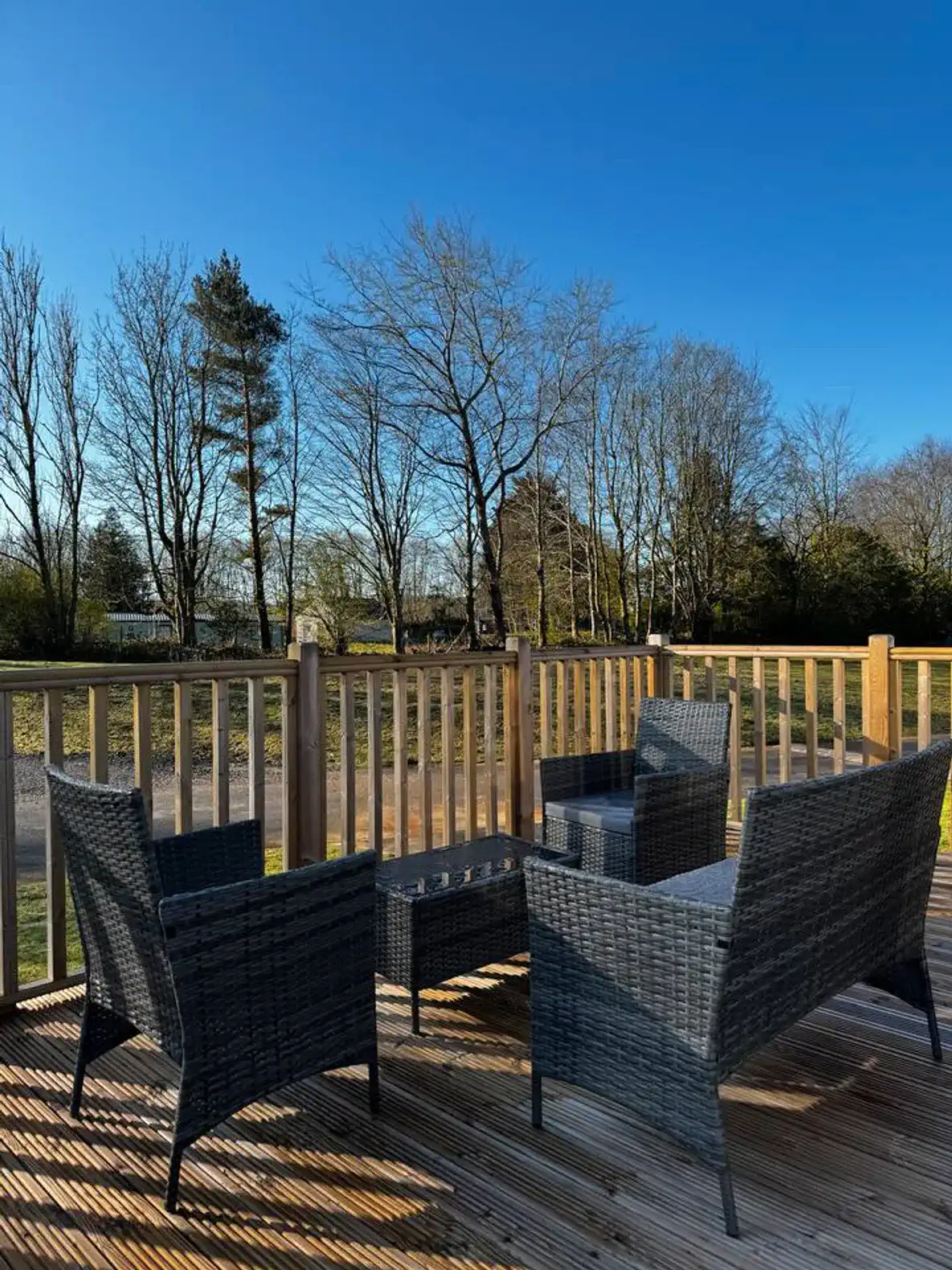 Cozy outdoor seating area with wicker chairs and a table overlooking trees