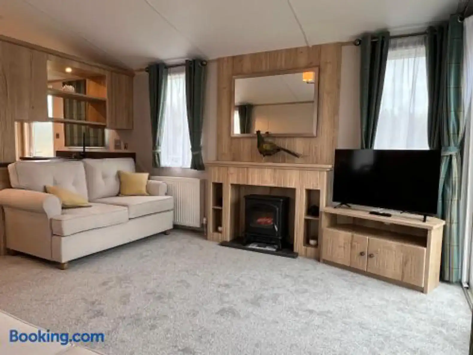 Cozy living room with a sofa, TV, and decorative fireplace