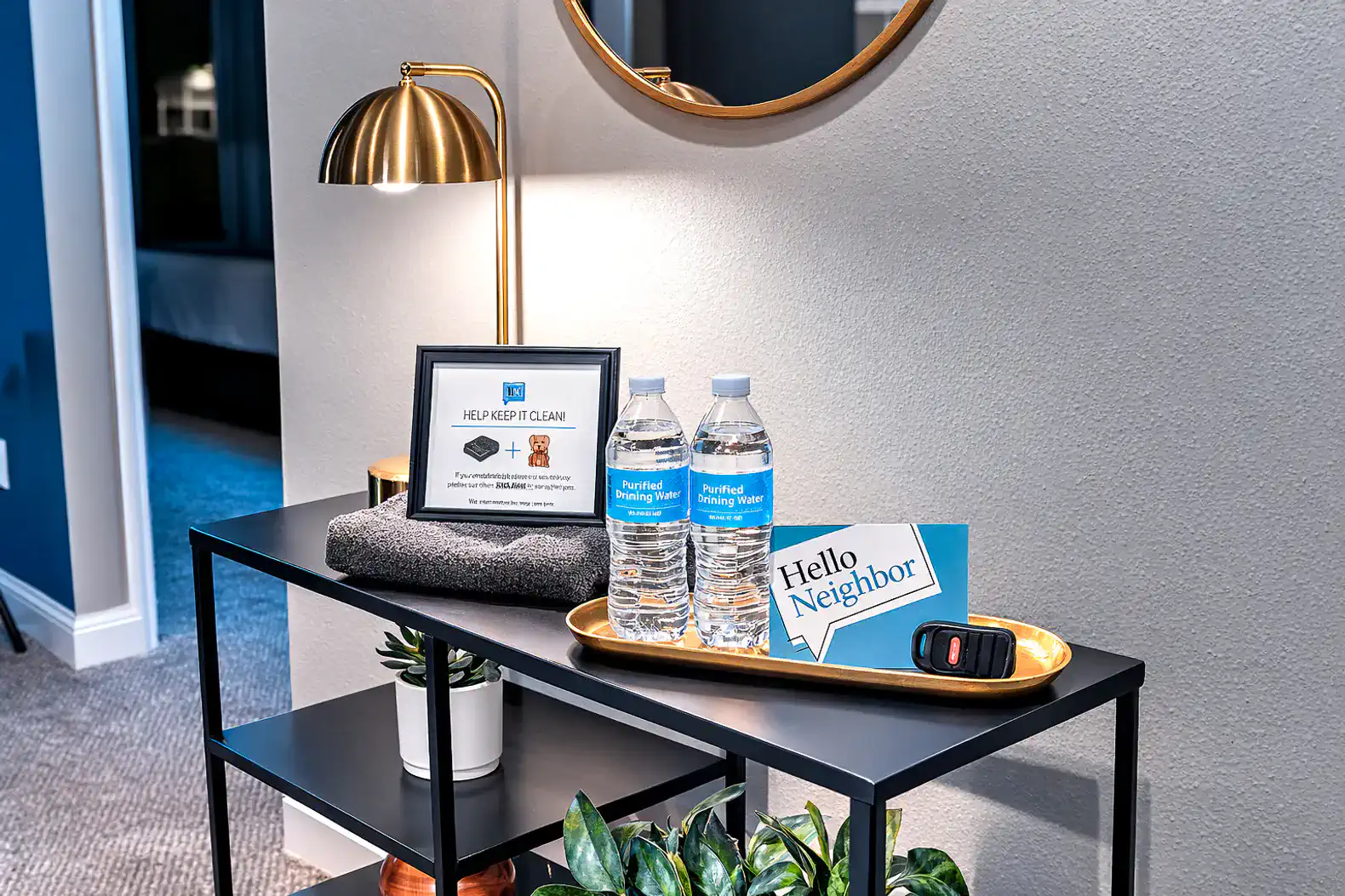 Stylish entry with welcome tray, water, garage remote; we're glad you're here.