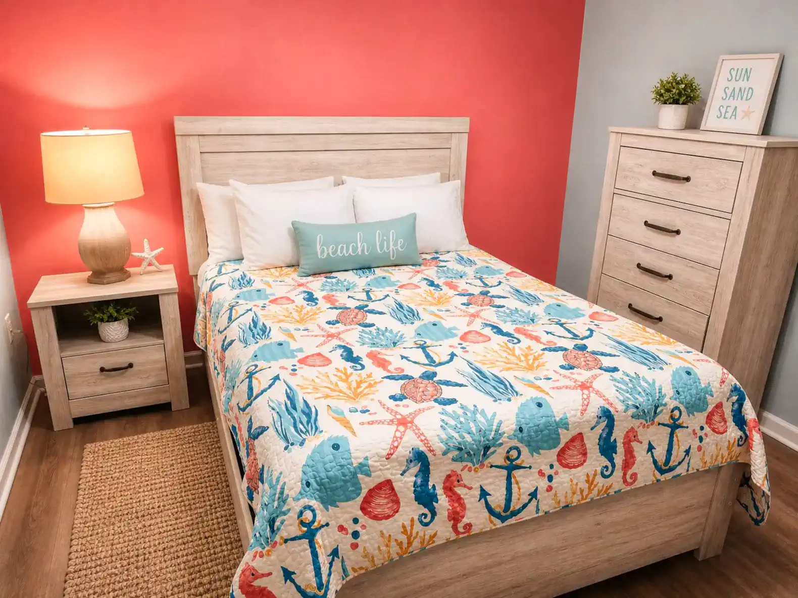 Cozy guest bedroom with beach-themed decor and colorful quilt