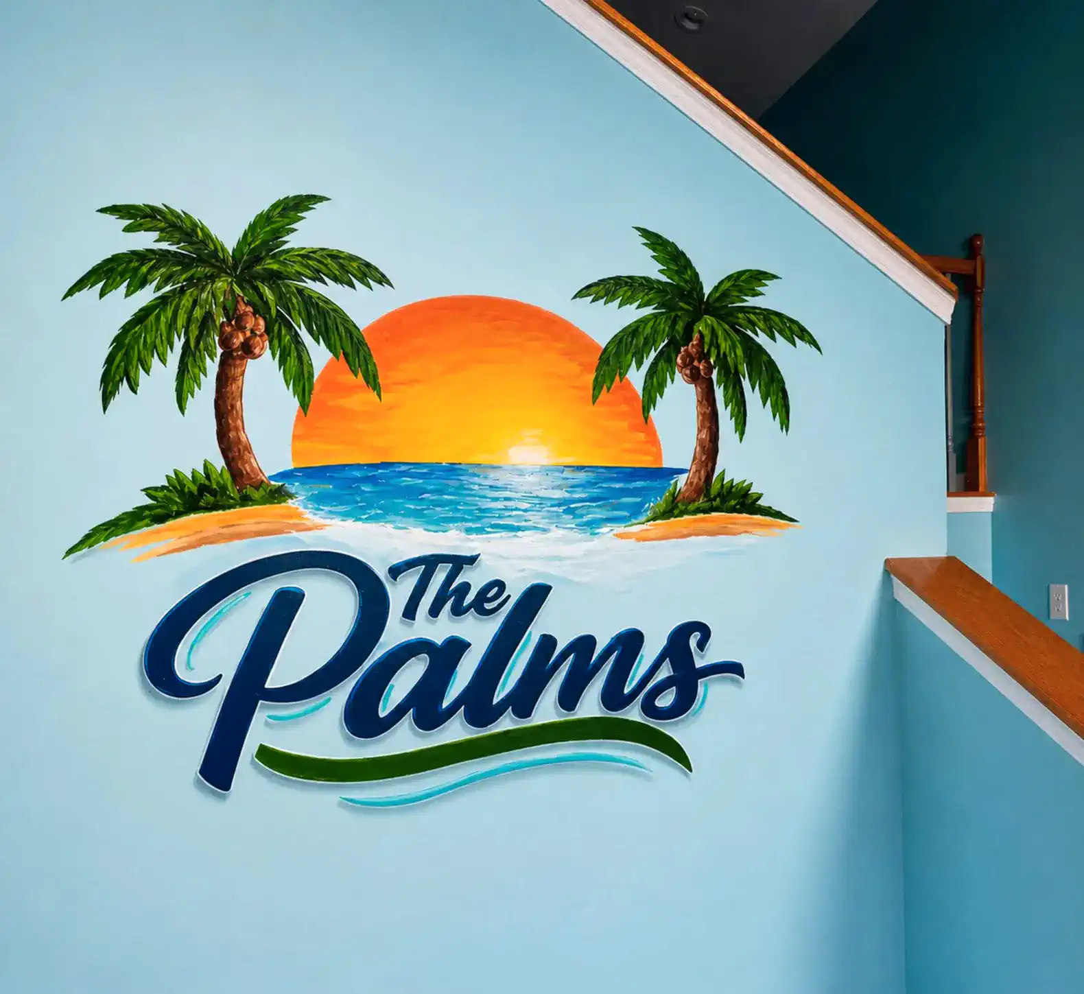 Colorful mural featuring palm trees and sunset on a blue wall