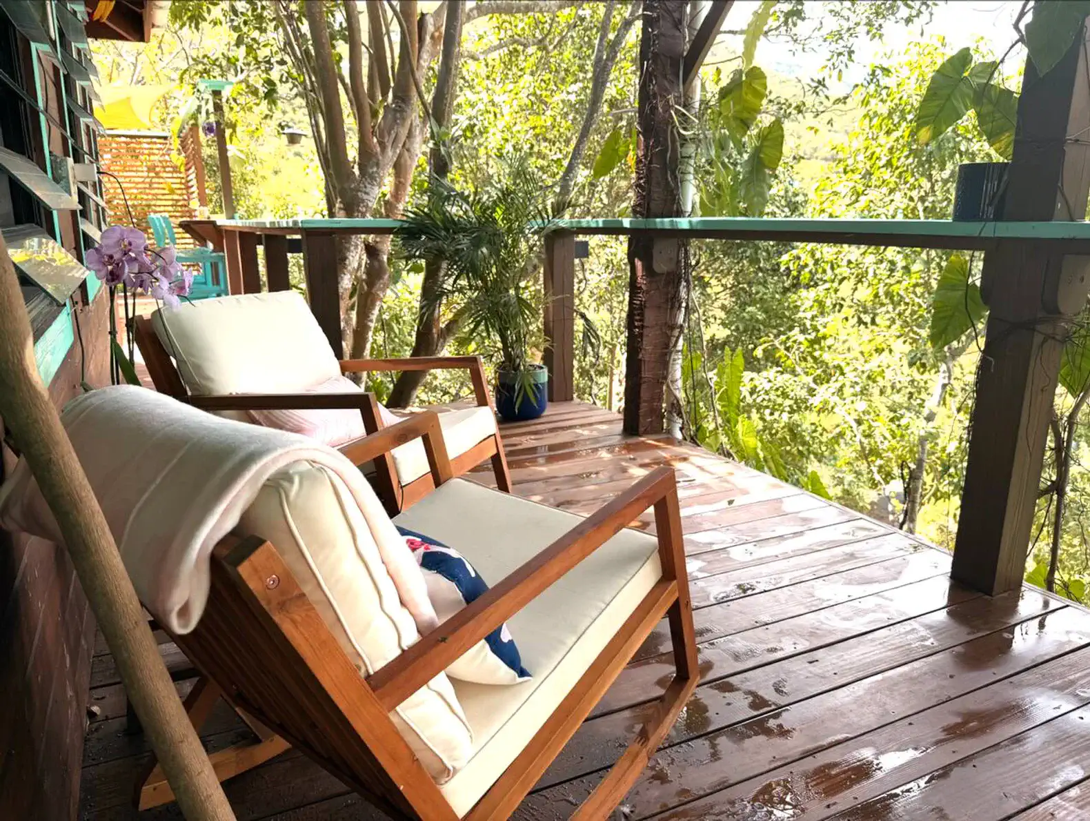 Cozy wooden deck with two chairs surrounded by lush greenery
