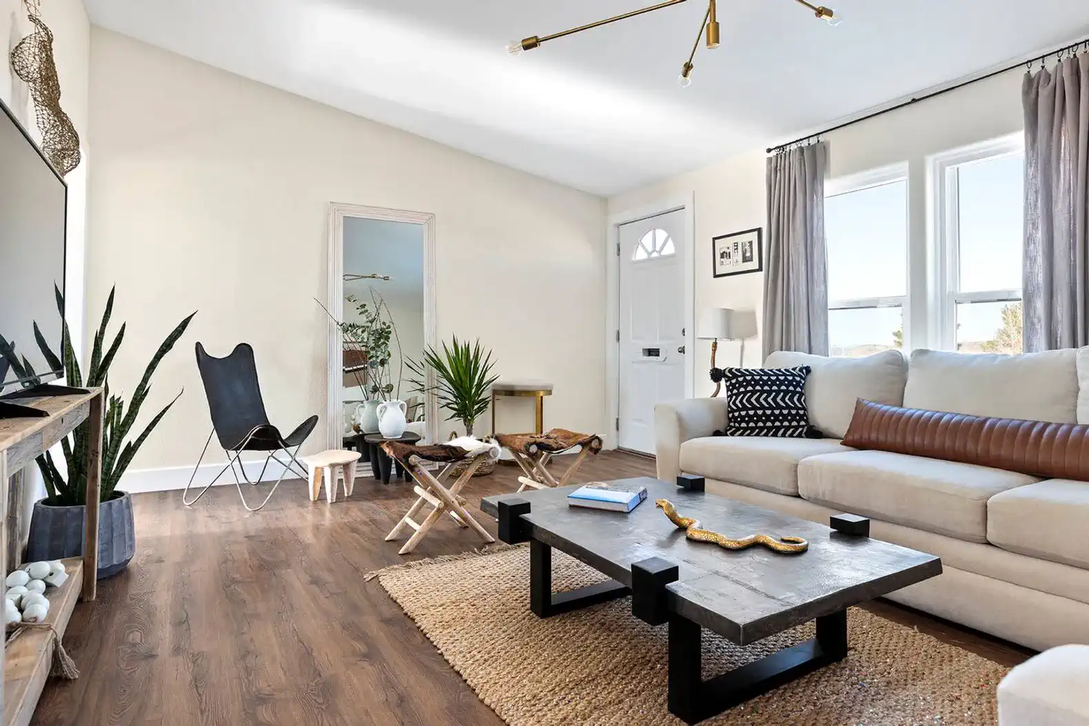 Bright living room with modern furniture, plants, and natural light
