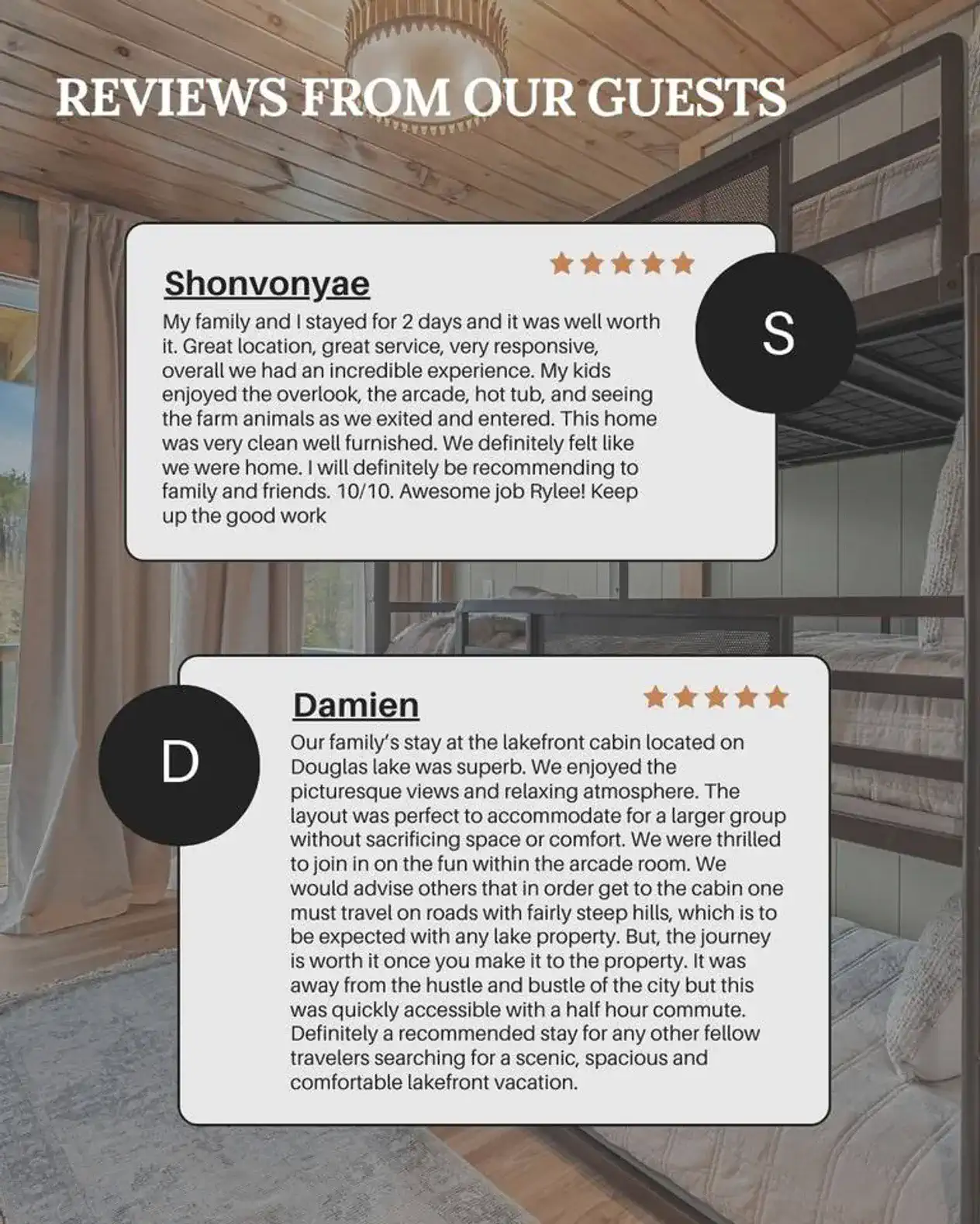 Guest reviews highlighting great service and relaxing atmosphere at the lakefront cabin