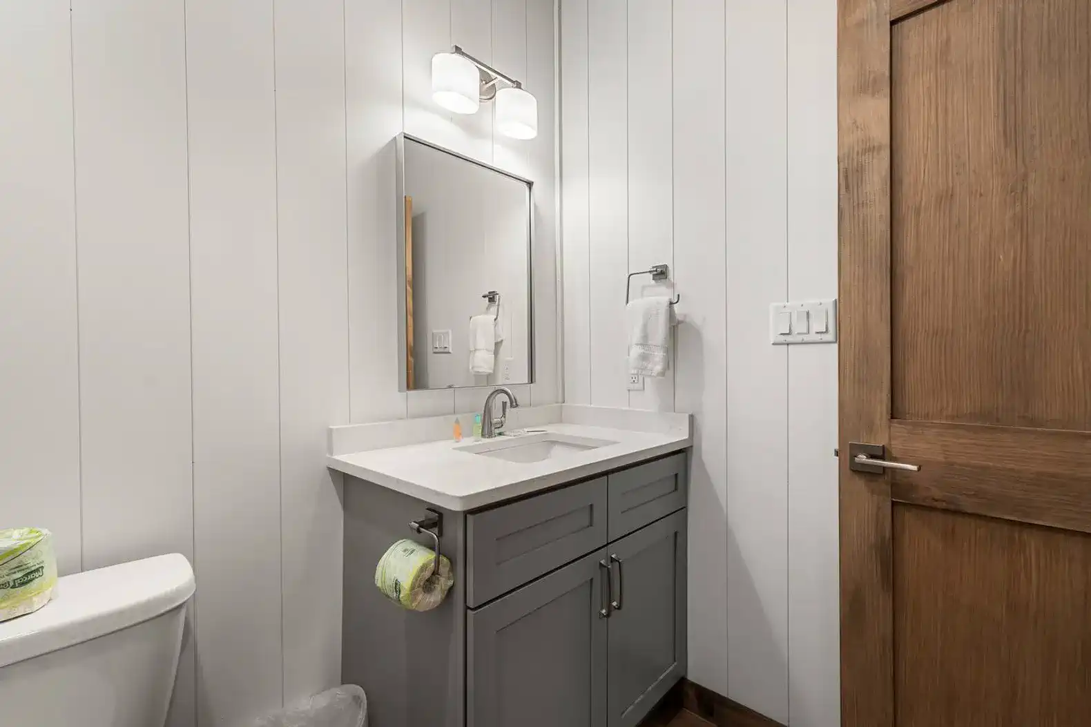 Modern bathroom with a sleek vanity and mirror