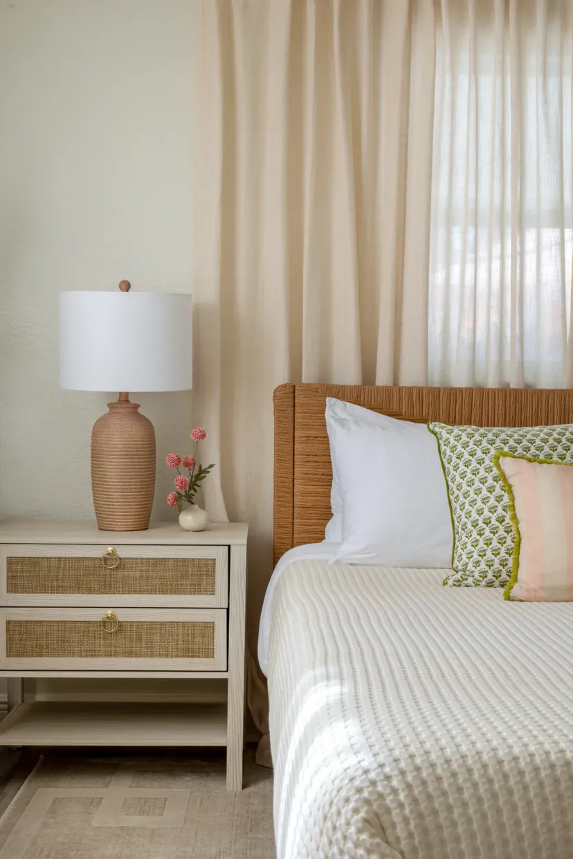 Bright, coastal-inspired bedroom with woven textures and soft natural light