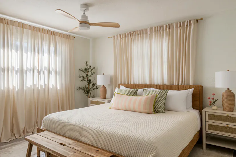 Bright, serene bedroom with king bed, soft natural light, and elegant décor