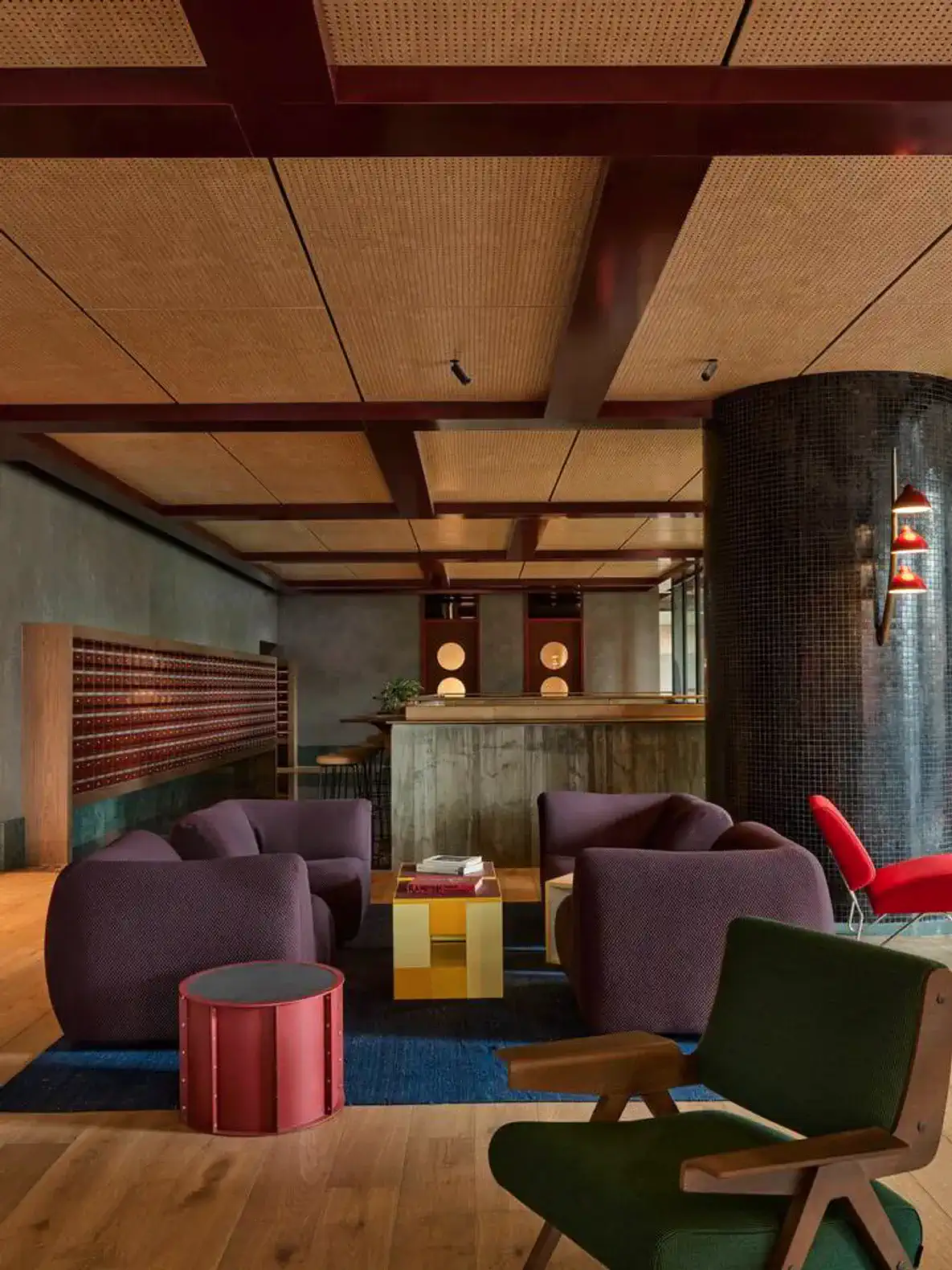 Stylish lounge area with modern furniture and warm wood accents