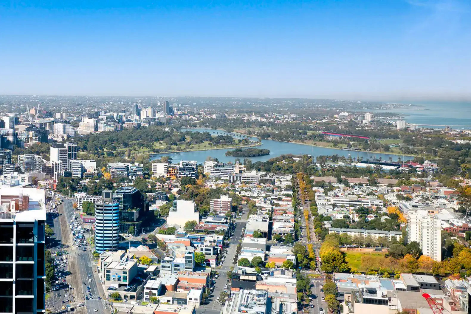 Panoramic view of the city skyline and river from a high vantage point