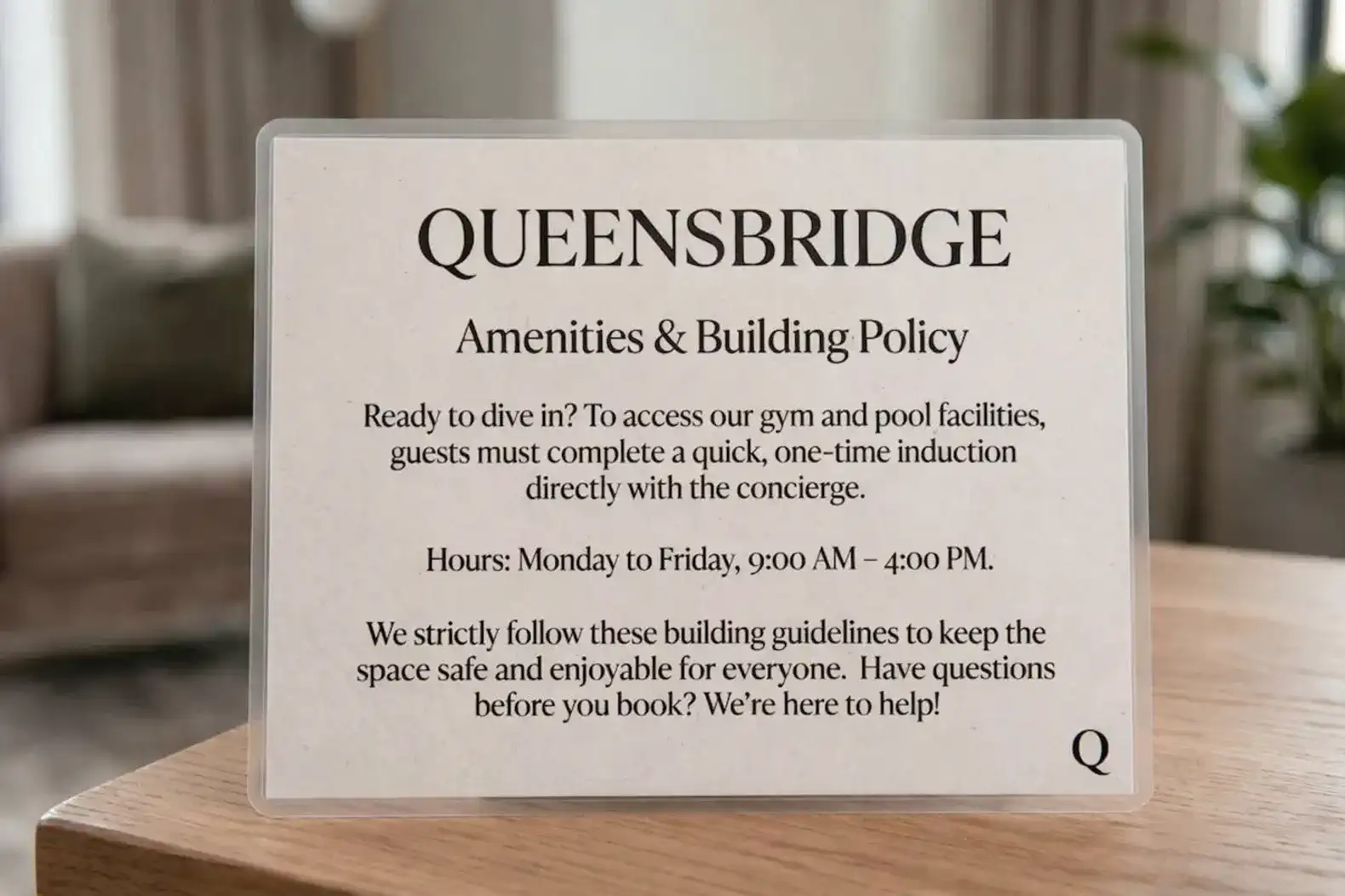Amenities and building policy details for gym and pool access