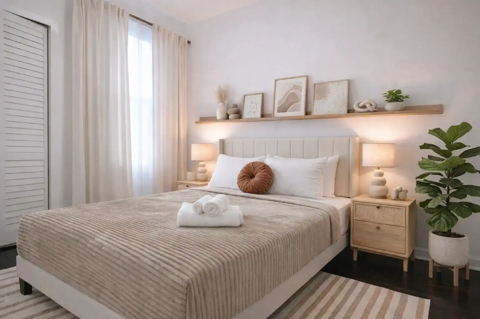 Cozy master bedroom with soft bedding, decorative accents, and natural light