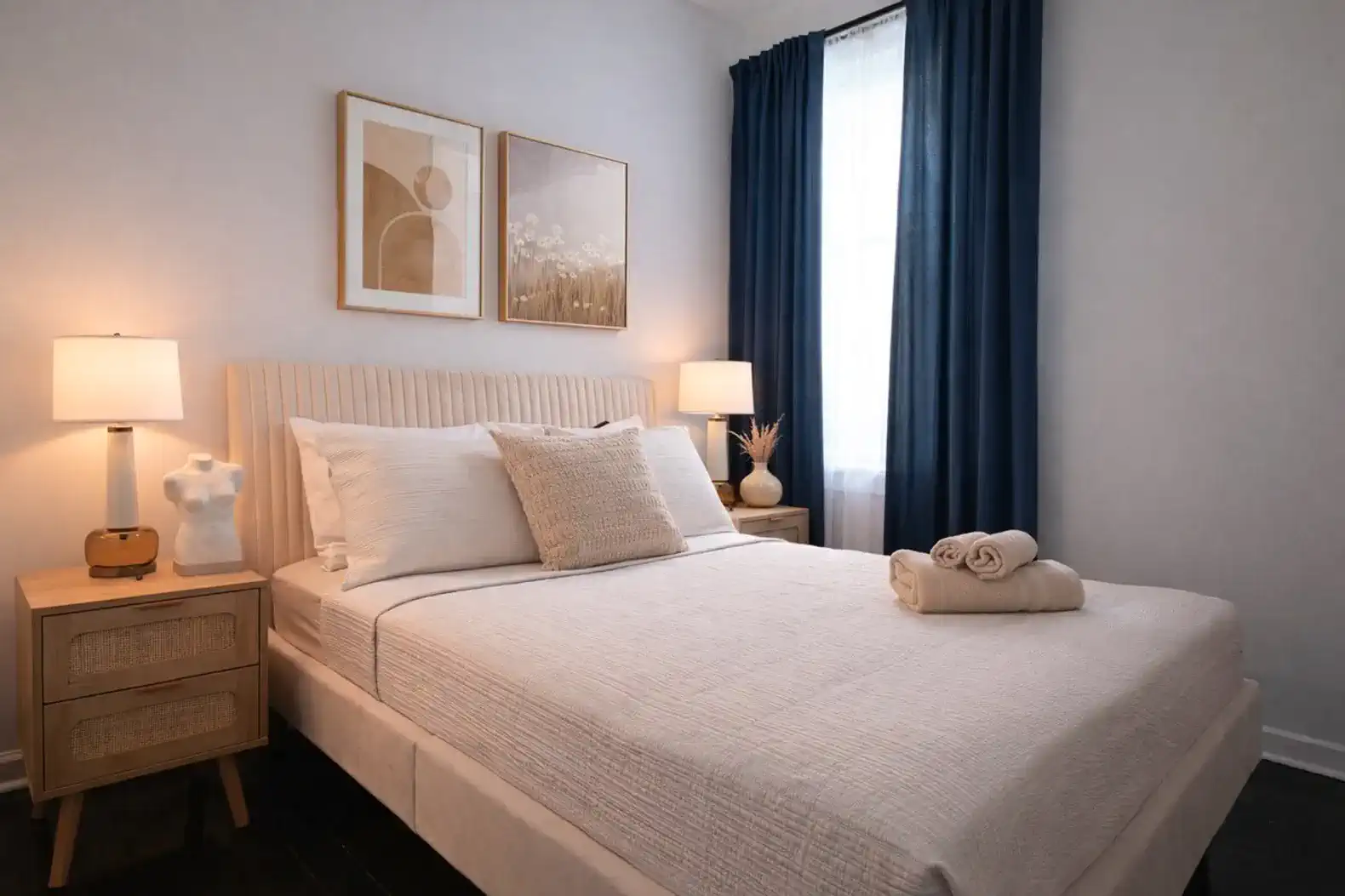 Cozy master bedroom with soft lighting and decorative art