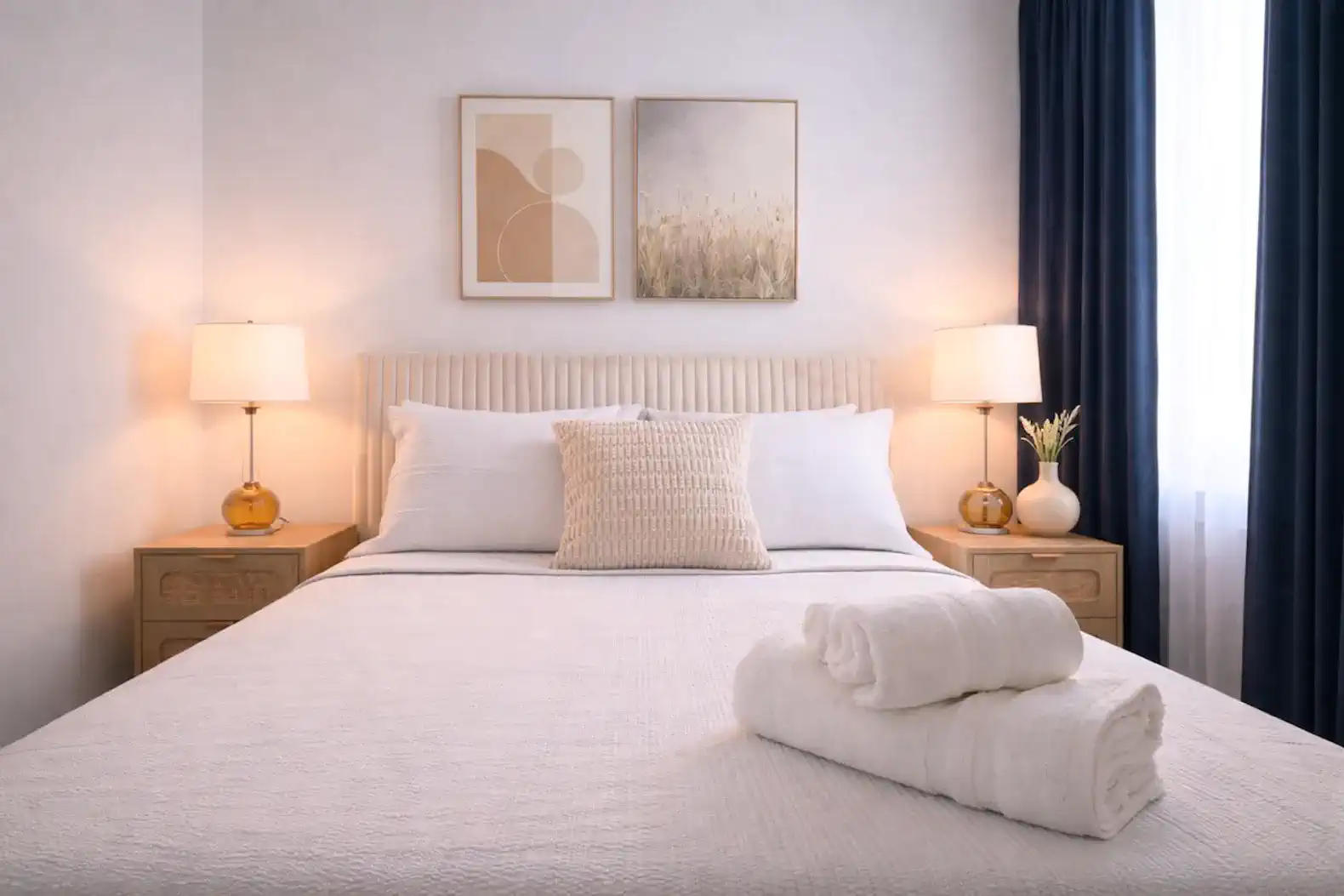 Cozy master bedroom with soft lighting and decorative artwork