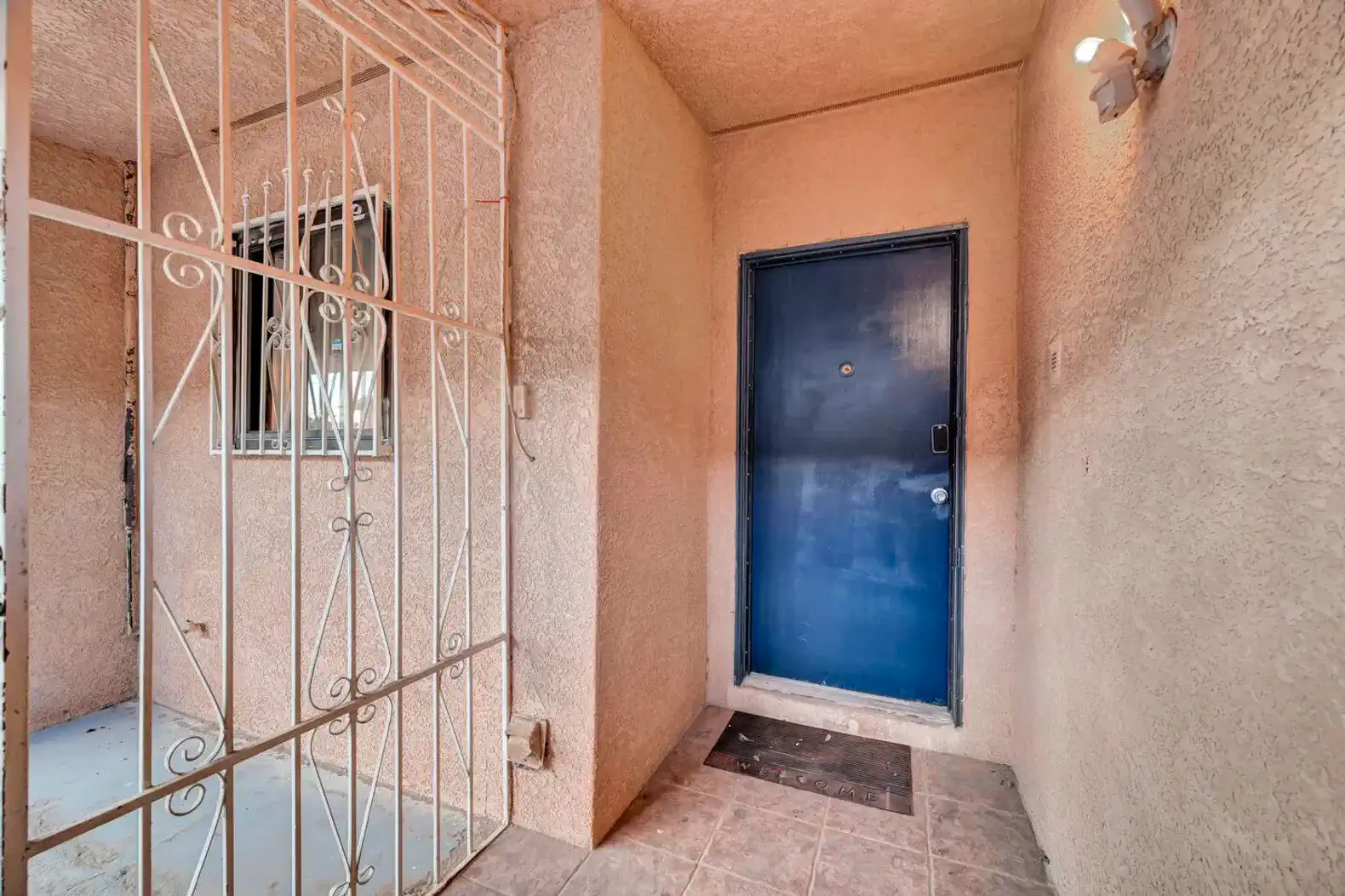 Entrance area with a blue door and security gate