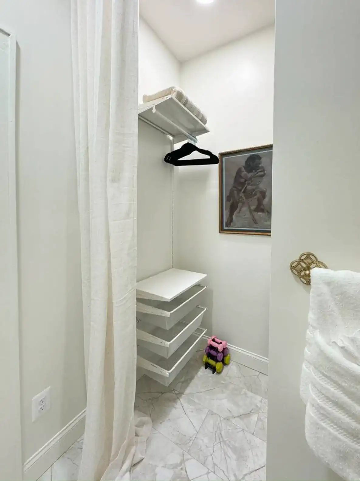 Compact closet with shelves, hangers, and a framed picture