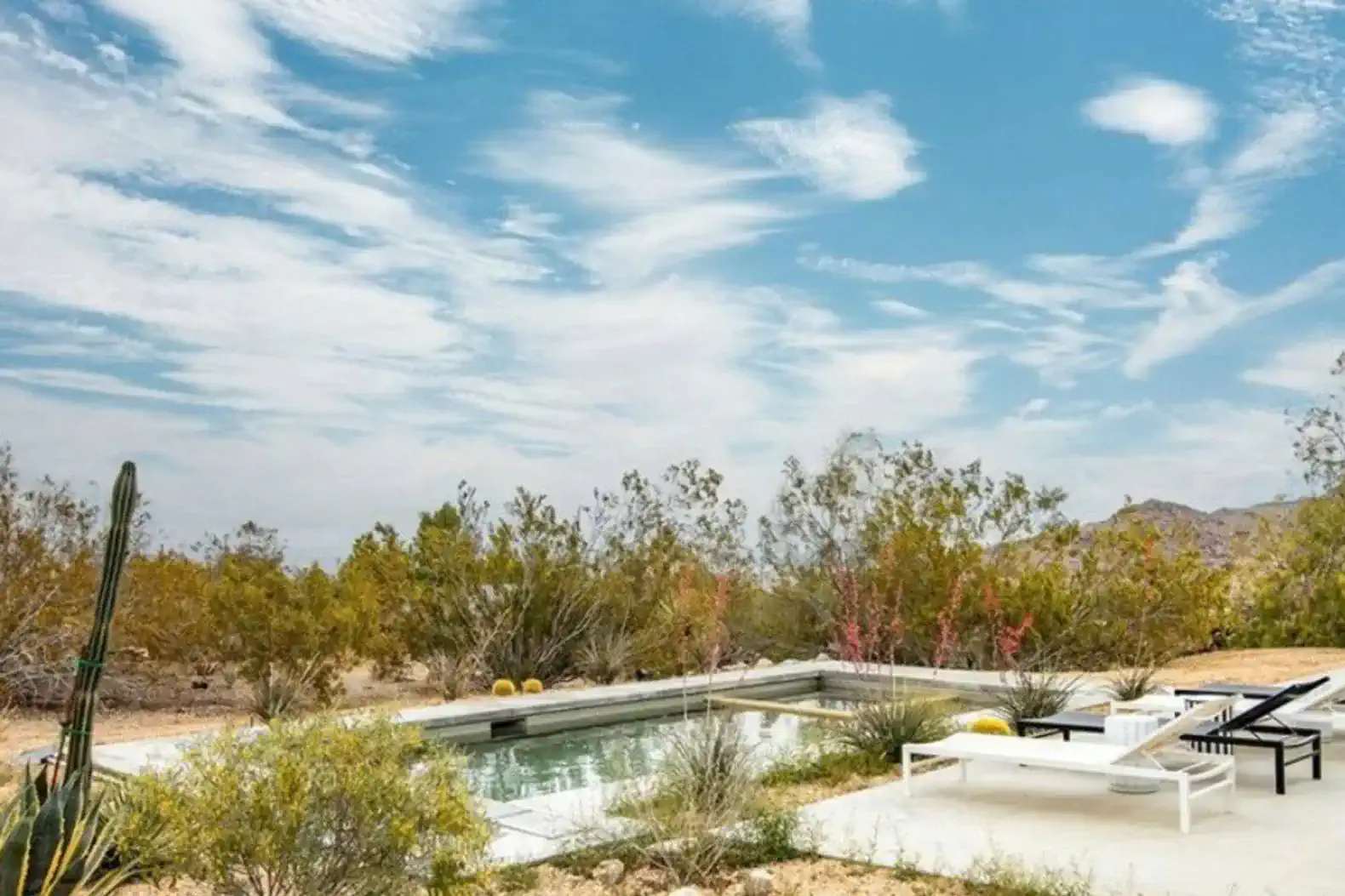 Serene pool area surrounded by desert landscaping and lounge chairs